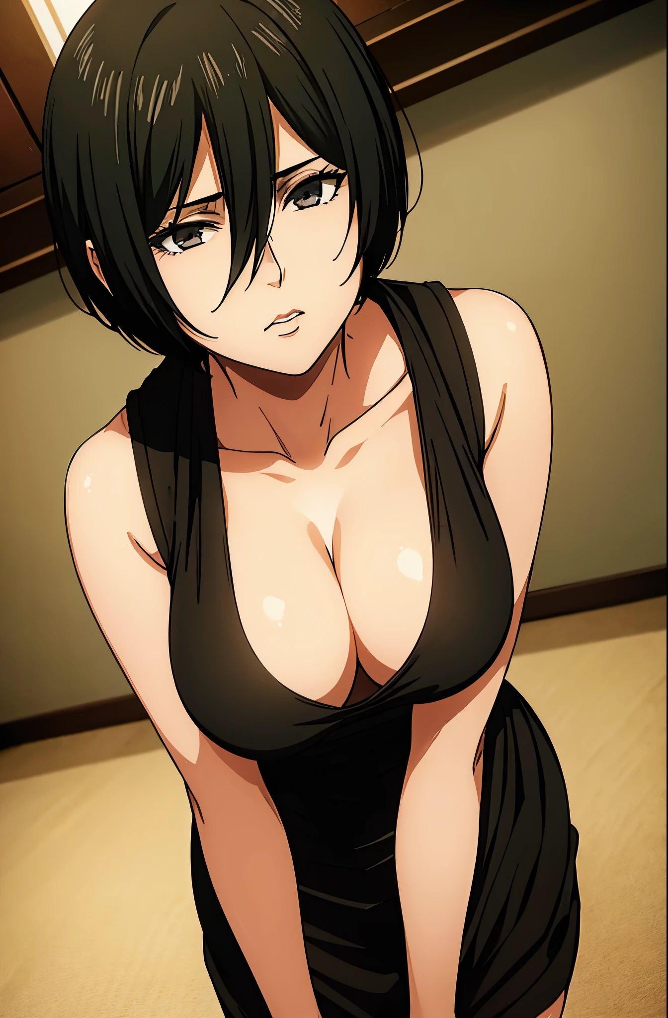 masterpiece,best quality,1girl,,mikasa ackerman,short hair between eyes,black dress,mature woman,medium breasts,looking at viewer,short hair,standing,cleavage