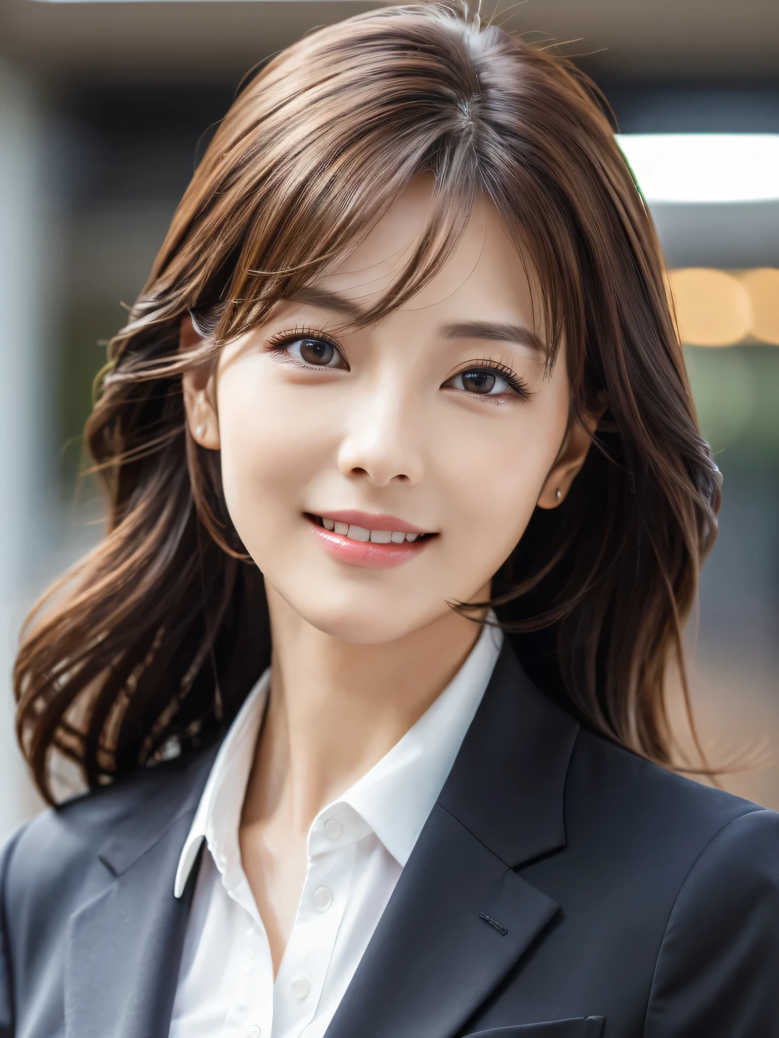 table top、highest quality、genuine、Super detailed、finely、High resolution、8k wallpaper、one beautiful woman、、、light brown disheveled hair、wearing a business suit、sharp focus、perfect dynamic composition、beautiful and detailed eyes、thin hair、Detailed genuine skin texture、smile、close-up portrait、model body shape