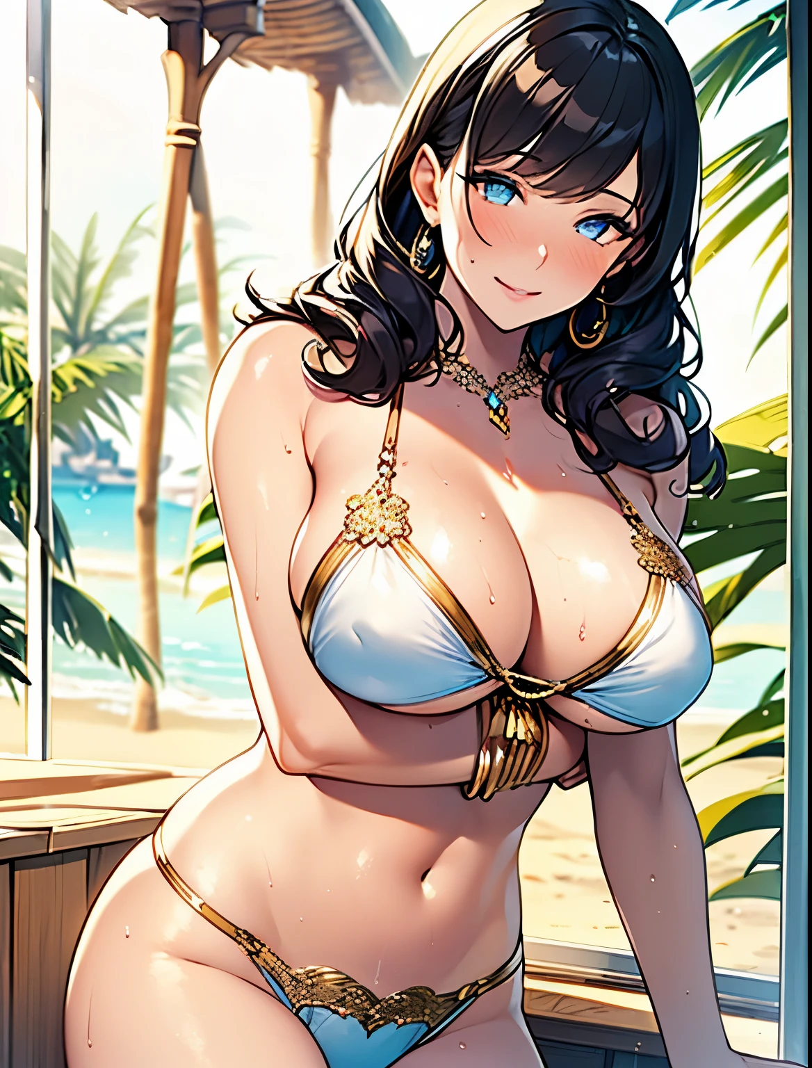 (best quality,ultra-detailed,realistic:1.37),vivid colors,portrait,golden lighting,wet skin,bikini,girl with beautiful eyes,lush lips,curly hair,gold accessories,shimmering,beach background,sunlight reflection on water,sexy stance,droplets of water on skin,breath-taking scenary,summer vibes,attractive pose,melting ice cream,coconut trees,serene atmosphere,exotic location,sunkissed skin,perfect makeup,alluring smile,playful expression,elegant posture,silky texture of hair,sparkling jewelry,beautifully bronzed skin,subtle blush on cheeks,charming charisma,salty sea breeze,glowing complexion,flawless beauty,tempting allure,dreamy gaze,delicate features,mysterious aura,alluring charm,irresistible attraction,photographic perfection,warm color scheme,soft sunlight,gentle waves,graceful motions,seaside romance,lively atmosphere,seclusion and tranquility,artistic professionalism,meticulous detailing. tits、big breasts、cleavage、bikini、Sweat、gold accessories