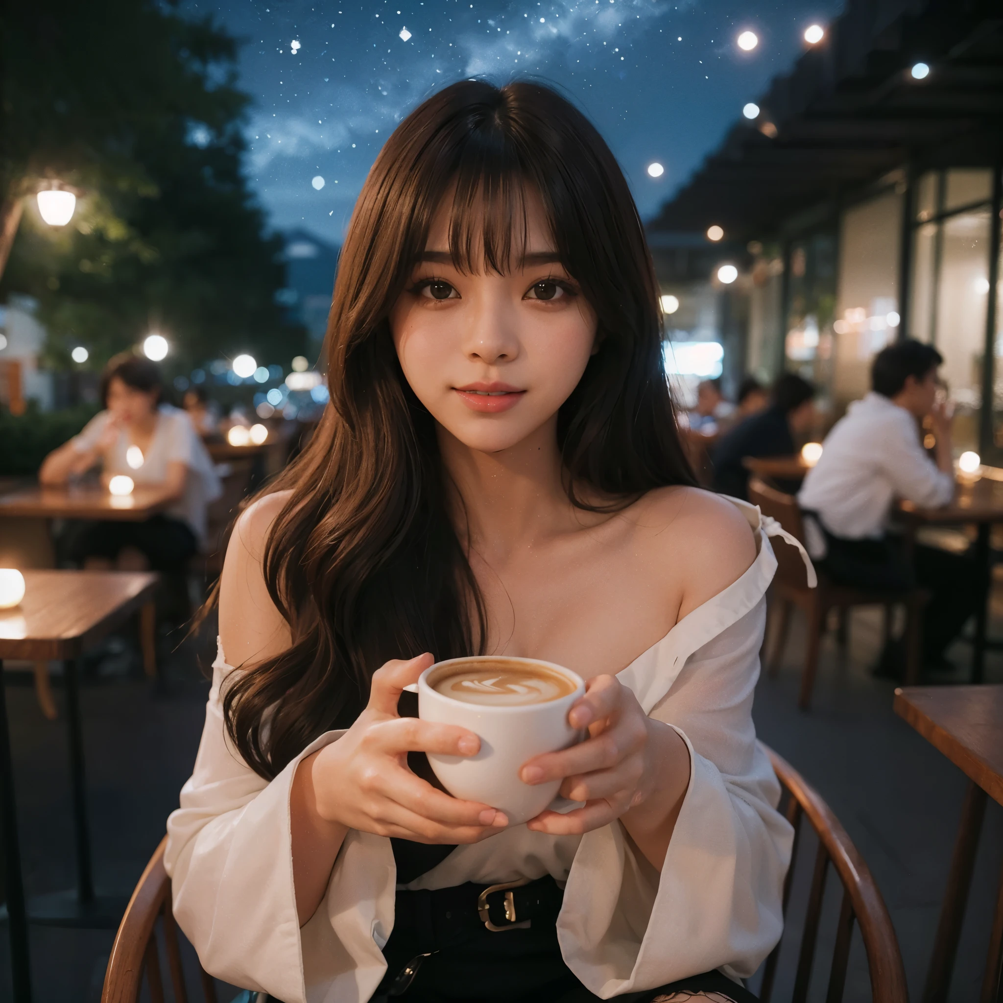8k Uhd, Dslr,Film Grain, Fujifilm XT3,(Best Quality:1.3), (Masterpiece:1.1), High Resolution, Cinematic Light, Intricate Details, (Photorealistic), starry night Outside,street downtown cafe scenery, stylish japanese Girl ((RIRI NANATSUMORI:1.3)), (In Cafe:1.5), Ulzzang Makeup, cleavage shown, big breast, black brassiere tails shown oh her shoulders, Expressive happy, hold a cup of cofee, long red hair with bangs, Looking At Viewer, Bare Shoulders, loose white blouse, Pencil Skirt, cozy Sitting, cute gestures, Black Pantyhose, smile, Detail Face (Full Body:1.6)