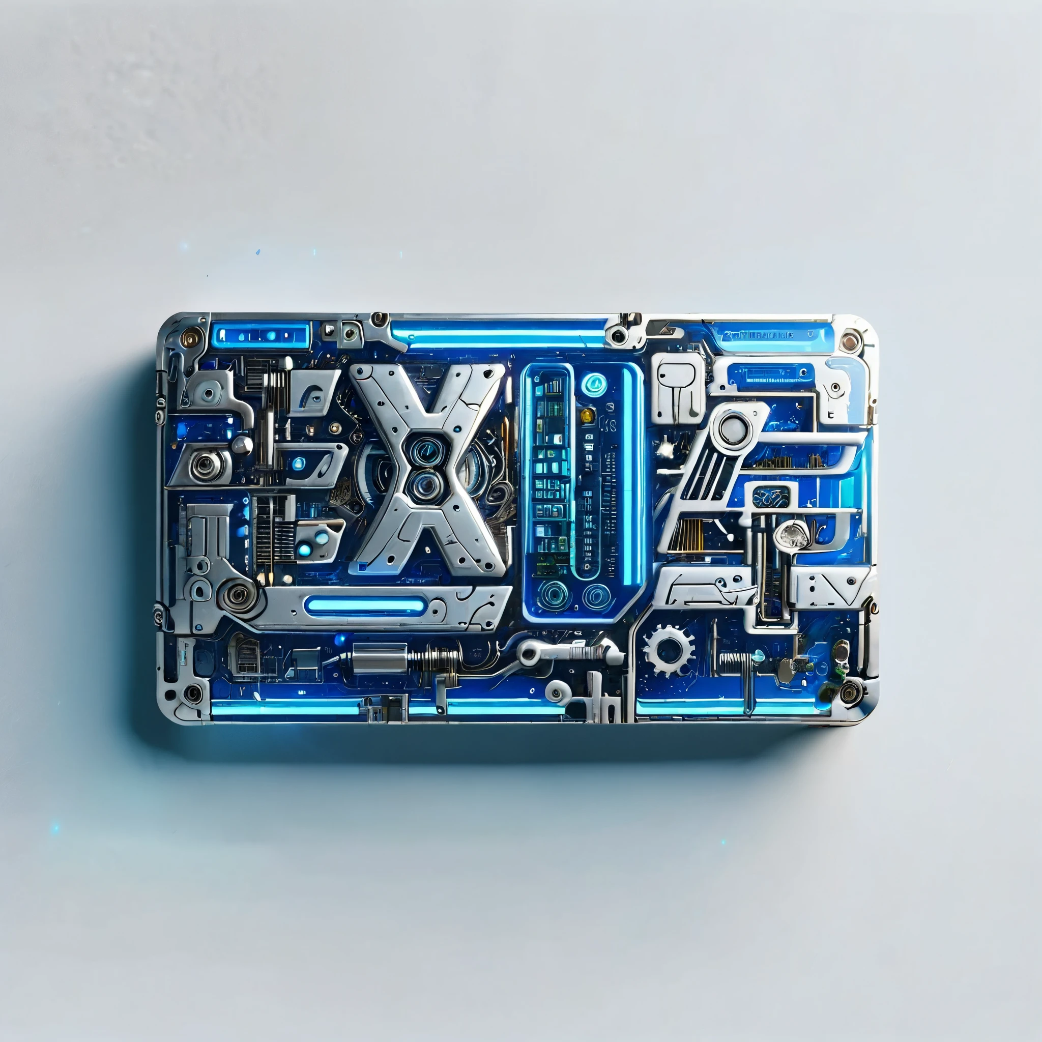 (Metal card), Digital Art，Cyberpunk，White ceramic housing，blue transparent glass，3D rendering，ray tracing，Reasonable structure，Complex internal structure