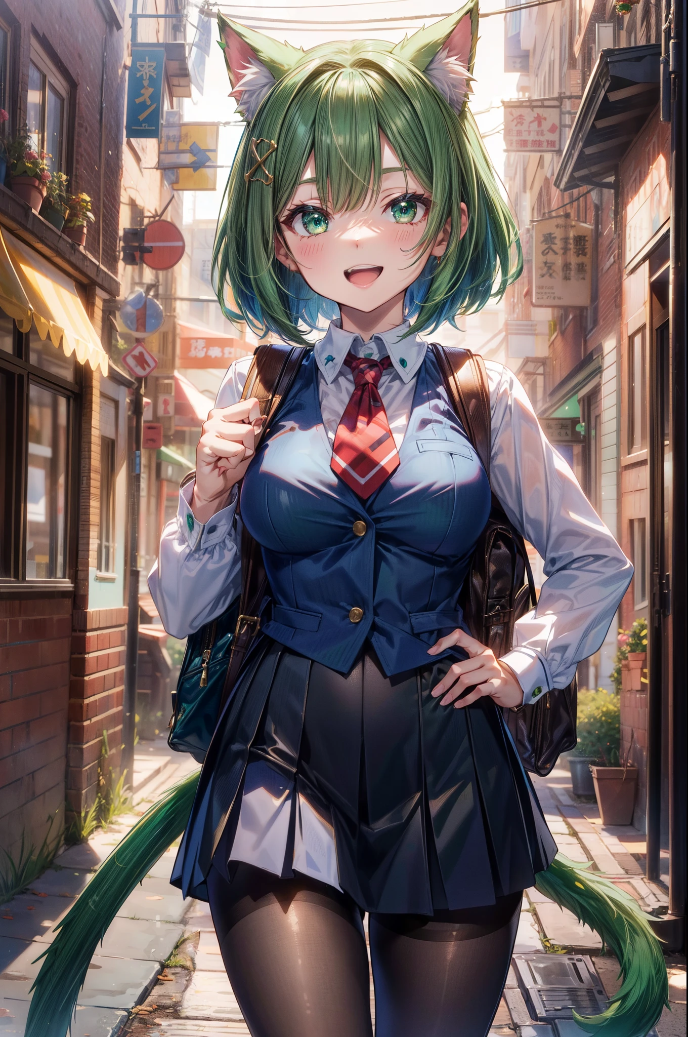 ((black pantyhose)), anime catgirl, ((deltamon)), (carrying a backpack a brown), (thin cat tail a green), break, short hair, ((green hair1.5)), (cat ears a green), bob cut, 4 defined fingers, 1 defined thumb, (looking at viewer), break, sexy, ((solo)), (1 woman), ((25 years old)), ((highest quality)), ((masterpiece)), (familiar), skindentation, perfect face, 8k , (cowboy shot), break,metallic costume, break, blue eye, beautiful princess, smile, (half open mouth), medium breasts, perfect limbs, standing,High school girl, (wearing a high school uniform), red tie, break, white blouse, break, dark blue vest, hand on hip, daytime,