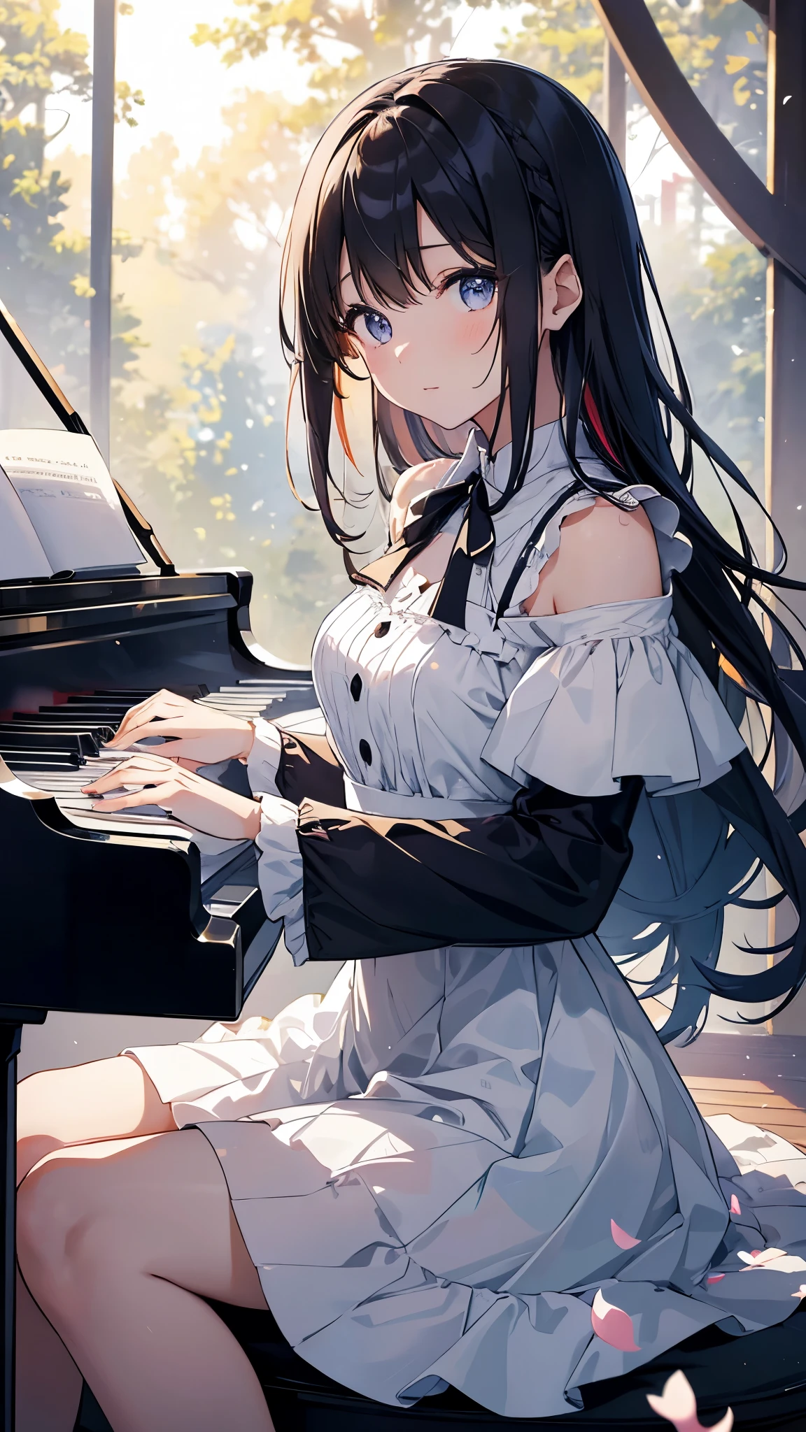Girl moving her fingers on the piano keys。She wears a white dress with a black ribbon.、her hair is long golden。Musical notes and petals dance around her、Her expression is serious and cute.。her performance is beautiful and moving.、move the listener's heart。in the background, A fantastic view of colorful lights spreads out..。Rainbows and stars shine in the sky、There are forests and lakes above ground..、It's like being in a dream。she is immersed in her own world.、I don't care about what's around me