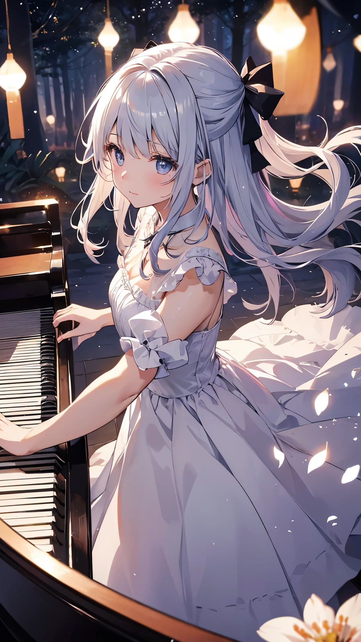 Girl moving her fingers on the piano keys。She wears a white dress with a black ribbon.、her hair is long golden。Musical notes and petals dance around her、Her expression is serious and cute.。her performance is beautiful and moving.、move the listener's heart。in the background, A fantastic view of colorful lights spreads out..。Rainbows and stars shine in the sky、There are forests and lakes above ground..、It's like being in a dream。she is immersed in her own world.、I don't care about what's around me