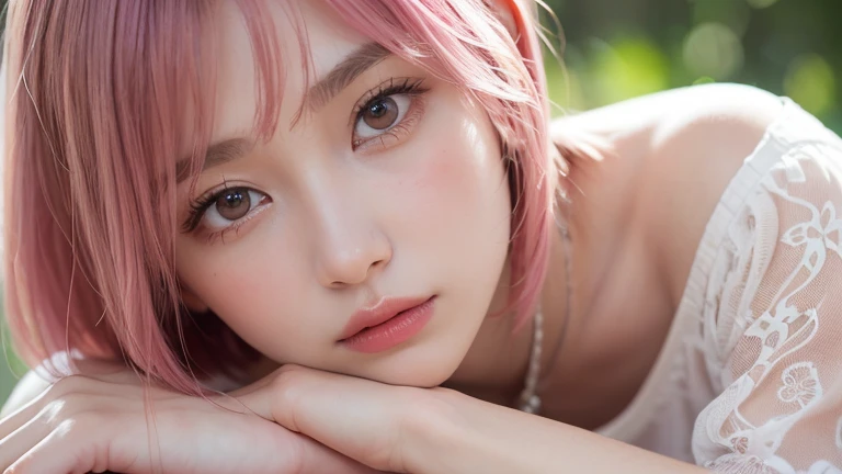(bob cut hair, pink hair:1.2),(wearing a blouse:1.2),1 girl,Japanese,21 years old,(small breasts:1.3),(highest quality,masterpiece:1.3,超A high resolution,),(Super detailed,caustics),(Photoreal:1.4,RAW shooting,)ultra-realistic capture,very detailed,High resolution 16K human skin close-up。 natural skin texture、,The pores are、、、、Must be detailed enough to be easily identified。 Skin should look even-toned and healthy。 Use natural light and color, sad expression, look at the camera, perfect dynamic composition, outdoor