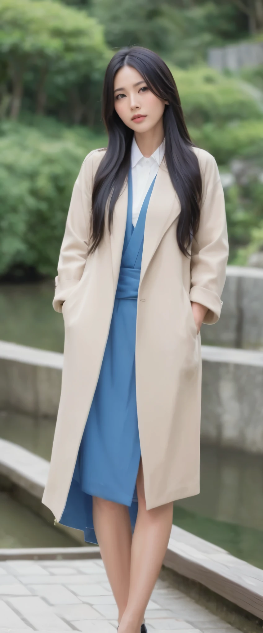 Good looking Japanese woman with long black hair dressed in a cool fashion style on a holiday background It is a quiet tourist attraction with a bright and friendly atmosphere. When you see it, you will think of the resolution of the pictures, sharpness of light and shadows, sharpness of the models from head to knees. The model's face does not float, it is natural, there are no distractions to the model.