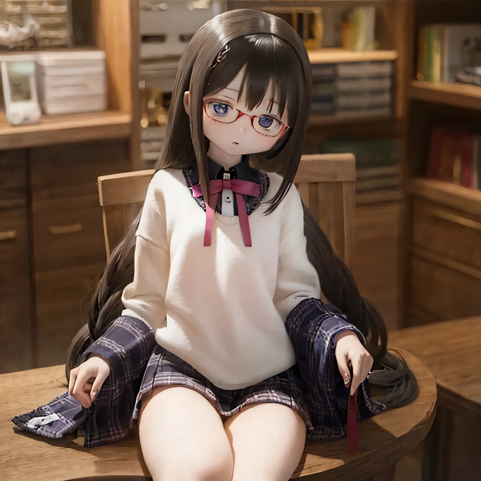 (table top), highest quality, expressive eyes, perfect face　　　small chest with closed mouth
　(((barefoot)))Akemi Homura  standing　black hair、sit on a chair、black rim glasses、topless