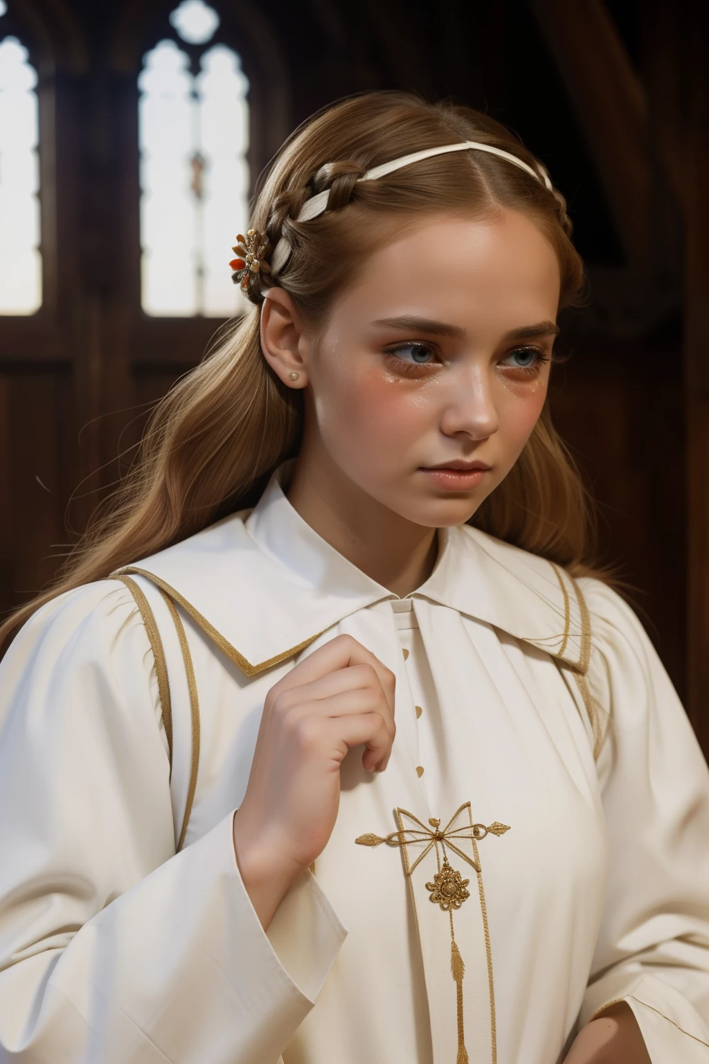 England, 1348. ((((31-year-old)) Caris Wooler)), attractive, expressive eyes, stained hands, ((horror and shock expression, crying big tears)). ((((clothings from the 1340s, white uniform)))), ((light chestnut hairstyle of the 1340s))