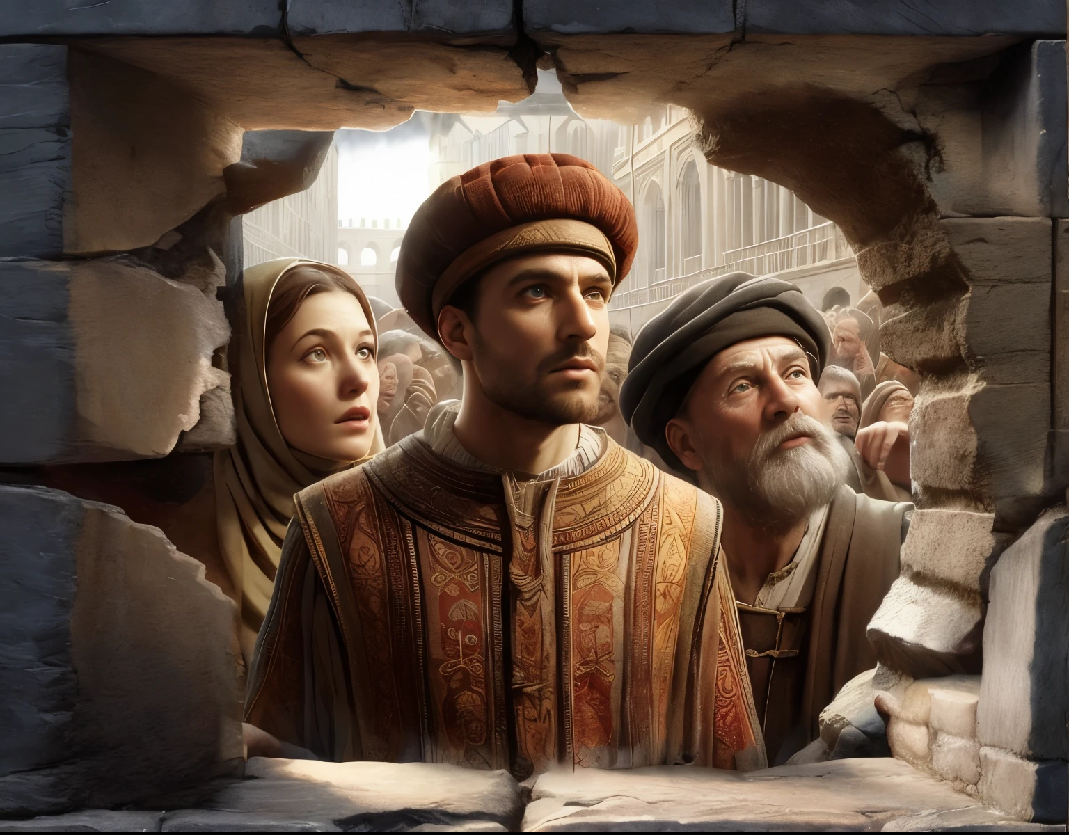 arafed image of a group of people in a stone wall, renaissance digital painting, promotional art, realistic renaissance portrait, official illustration, by László Balogh, by Alexander Kucharsky, by Kerembeyit, fleeing merchants, merchants, promo art, by Krzysztof Boguszewski, key art
