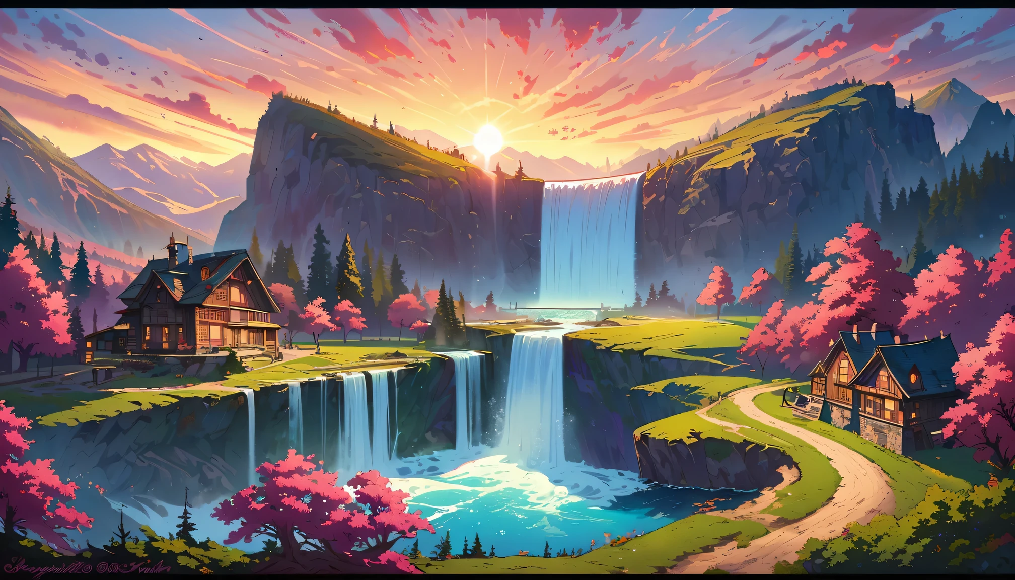 super wide angle, Chroma V5, Wink Punk, analogy style, a beautiful house，Located on a beautiful mountain，The hills are filled with super detailed spring pink trees, Set against the backdrop of a beautiful and authentic waterfall, Beautiful spectacular sunset, concept art, Artwork by Greg Rutkowski and Albert Bierstadt, Art station fashion trends, painting, octane rendering, cinematic
