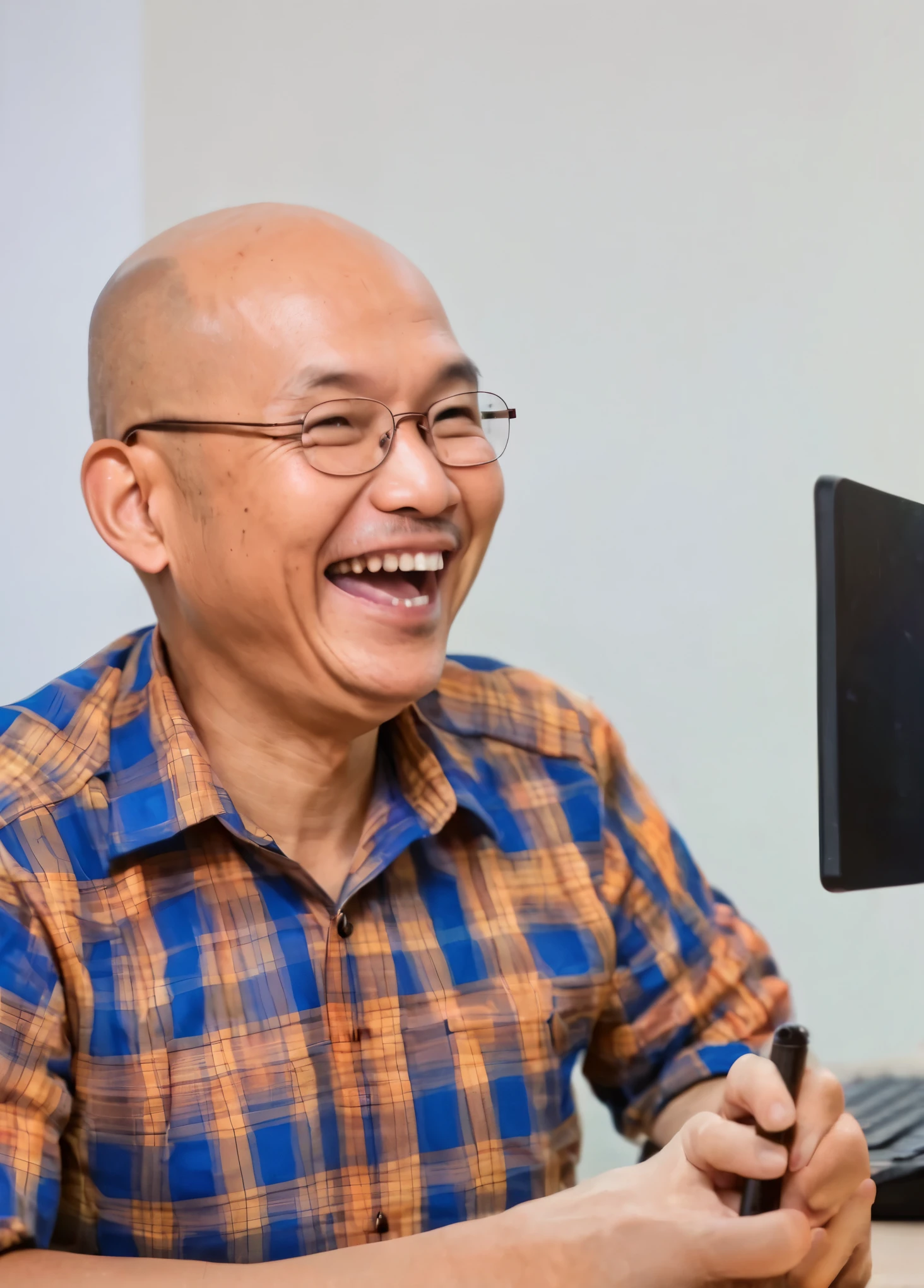 A 50-year-old Thai man laughs widely. He is bald, has no hair, wears clear glasses, and is dressed in a plaid shirt. Sitting in the office,((Computer Desk)) Mic plugged in from the computer,One hand holding a pen,The background is the wall of the room. It is a picture of Thai police setting up a checkpoint.,There&#39;s a flash of light.,traffic cone,Sharp image resolution