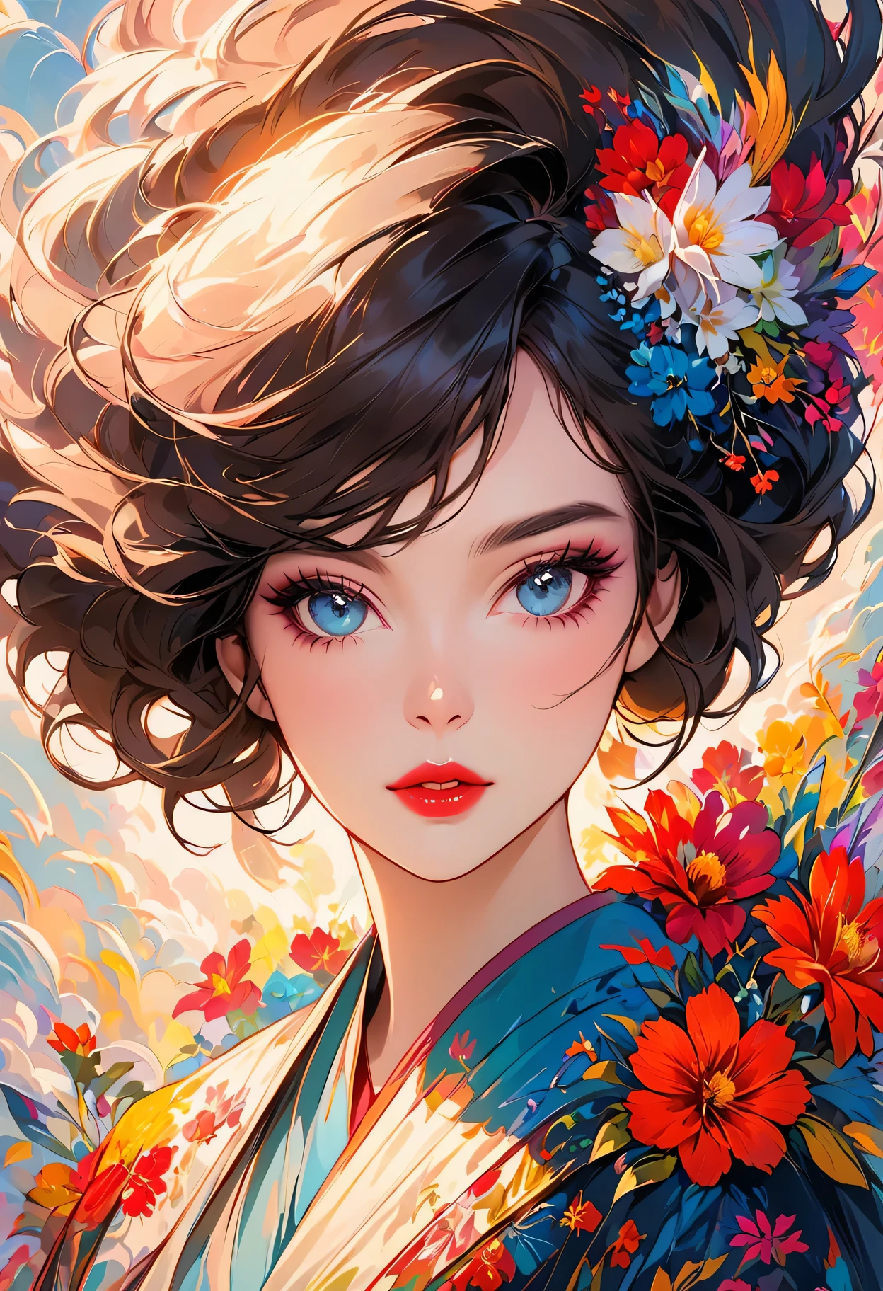 Create digital artwork in the Pop Art style, Vibrant and confident women,Go bold with makeup and colorful fashion, movie color scheme, Surrounded by vintage floral patterns, Vibrant strokes,Emotions should be dynamic, Upper body, , illustration, Grayscale