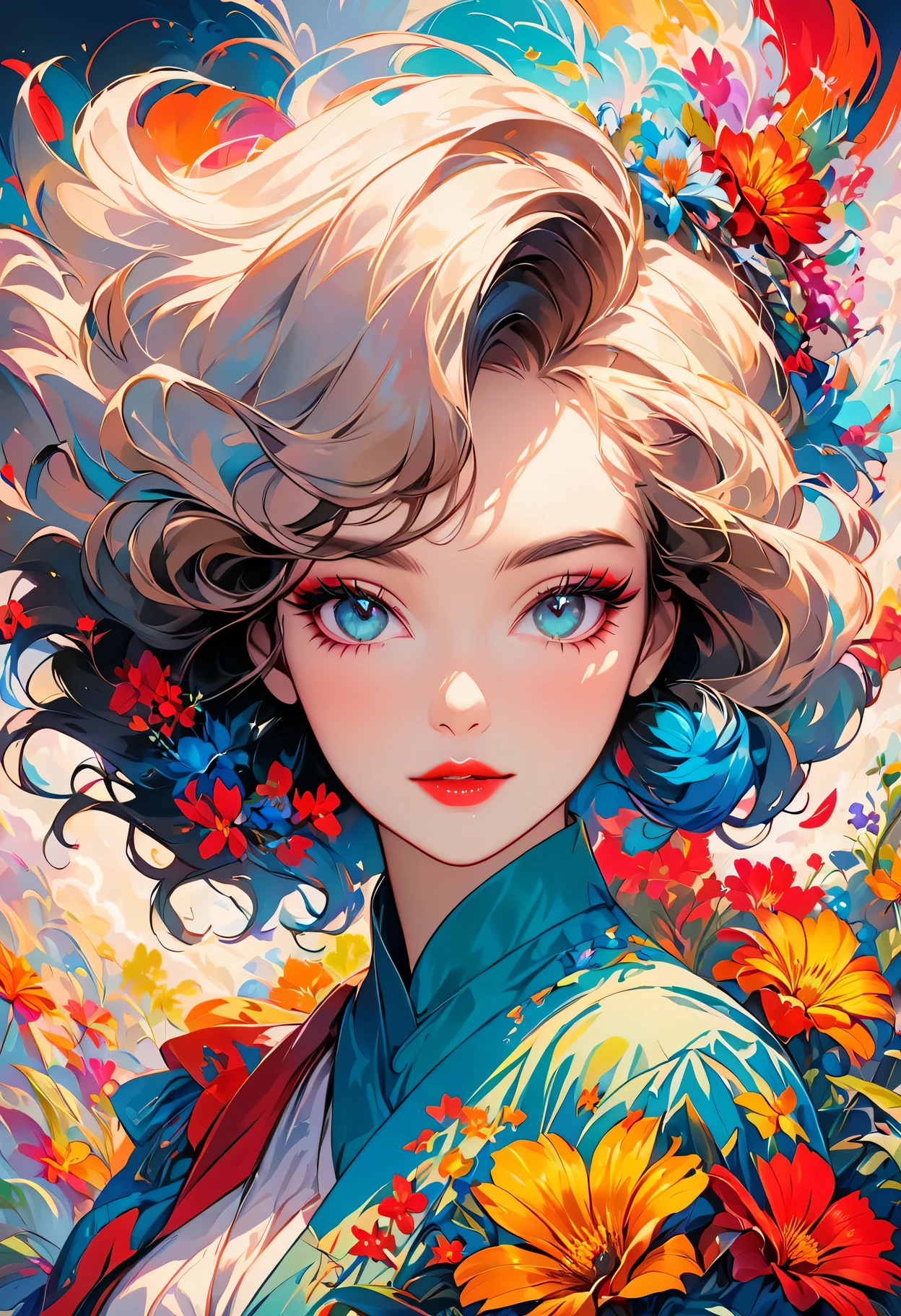 Create digital artwork in the Pop Art style, Vibrant and confident women,Go bold with makeup and colorful fashion, movie color scheme, Surrounded by vintage floral patterns, Vibrant strokes,Emotions should be dynamic, Upper body, , illustration, Grayscale
