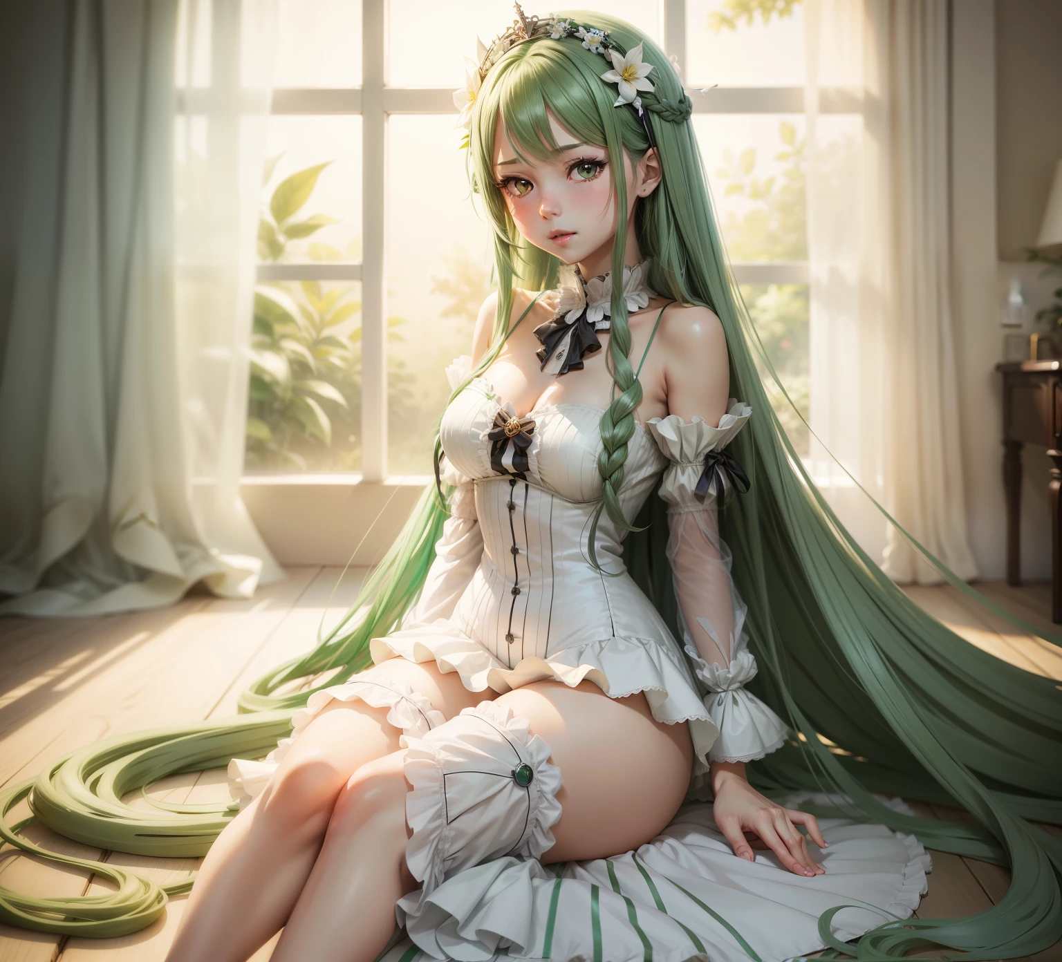 anime girl with long hair and a white dress sitting on a green and white striped background, fine details. anime. tentacles, anime goddess, from girls frontline, cushart krenz key art feminine, android heroine, fine details. girls frontline, anime monster girl, hq artwork, lamia, lolish, girls frontline cg, official anime artwork, nsfw, panties