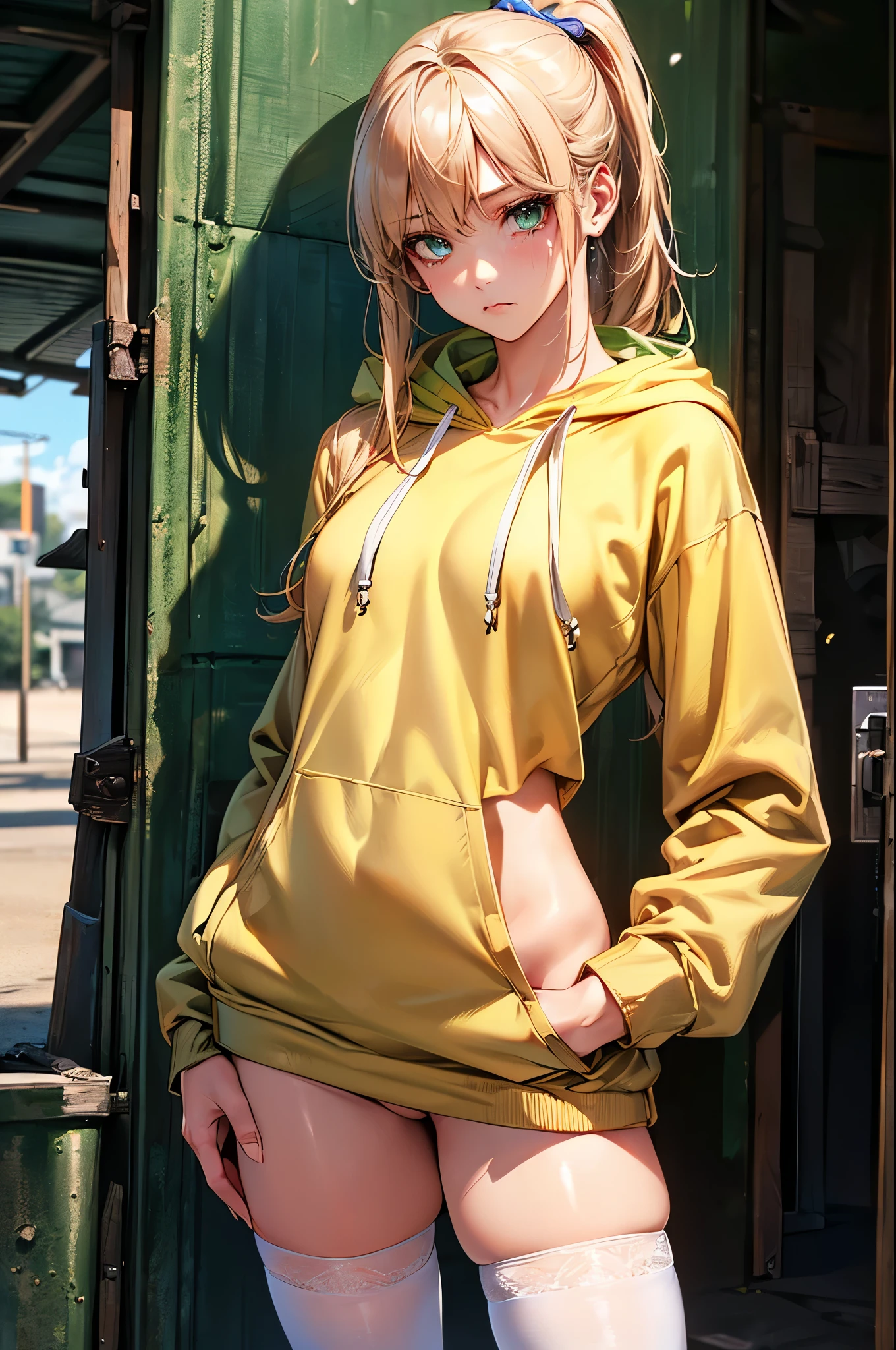 ((perfect anatomy:1.5,realistic,:1.3,RAW Photography:1.3,masterpiece、highest quality、Ultra - High resolution、High resolution、Highly detailed CG、8K)),cowboy shot,1 female,solo,20 year old beauty,(beautiful detailed face and eyes,big and gorgeous eyes),dark blue eyes,(blonde hair,ponytail hair,long hair,bangs),(medium breasts,slender body,small head,skinny, gleaming skin,oily skin,shiny skin)、standing position,  break  ((Yellow-green Oversized hooded sweatshirt,Length that covers the buttocks:1.3、white_thighhighs)),  break,     back alley、spray art、Tokyo、