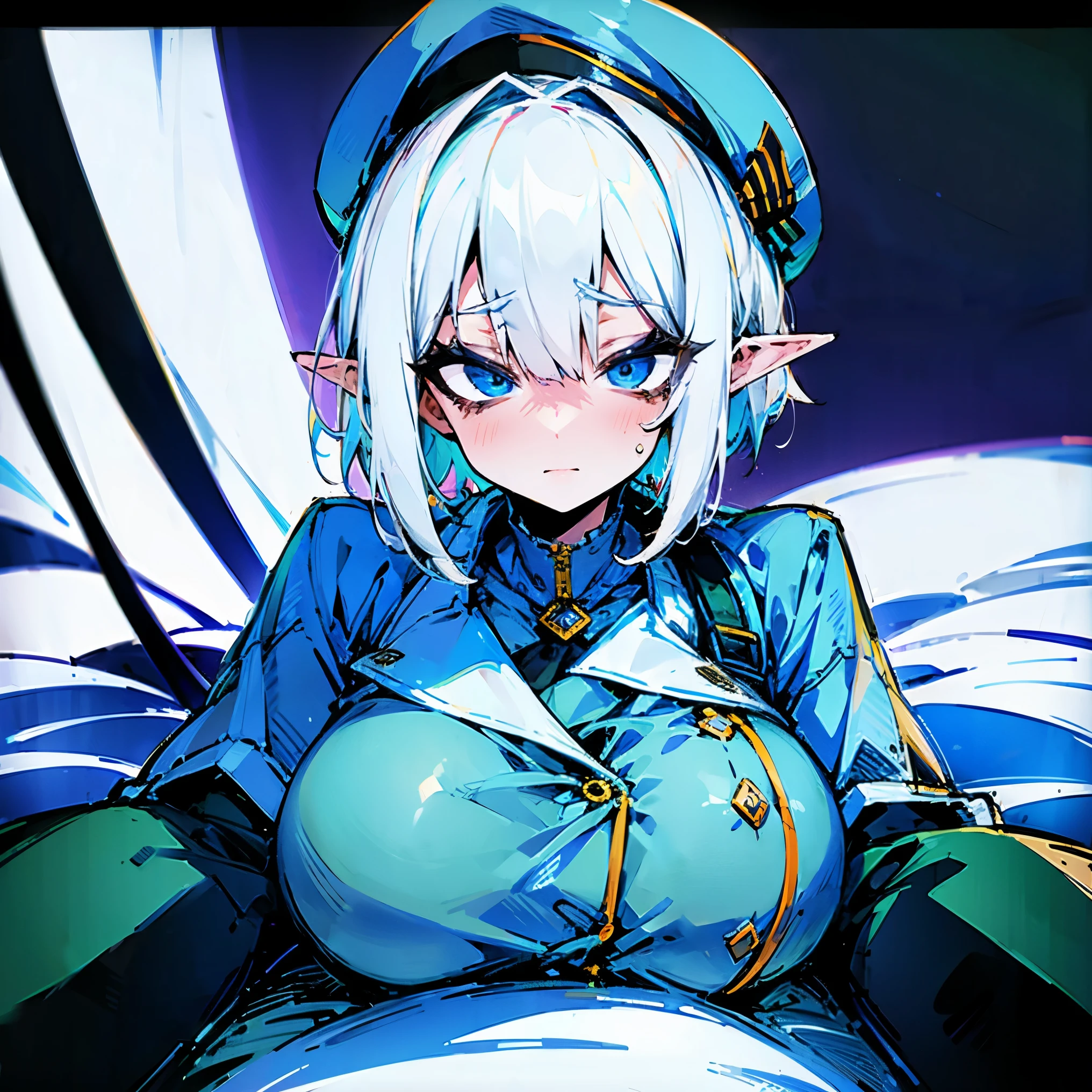 (Masterpiece, Top Quality, Best Quality, Official Art, Beauty and Aesthetics: 1.2), (Flat Color: 1.3), Very Detailed, Detailed Face and Eyes, Cinematic Light, SFW, Anime, Depth of Field, 1 Girl, Solo, Official, White Hair, Elf Ears, Short Hair, Blue Eyes, Black Eye Shadow, Medium Tits, White Beret, White Trenchcoat, Military, SS Officer, Buttoned Up, Nervous, Laying Down On Bed, Submissive