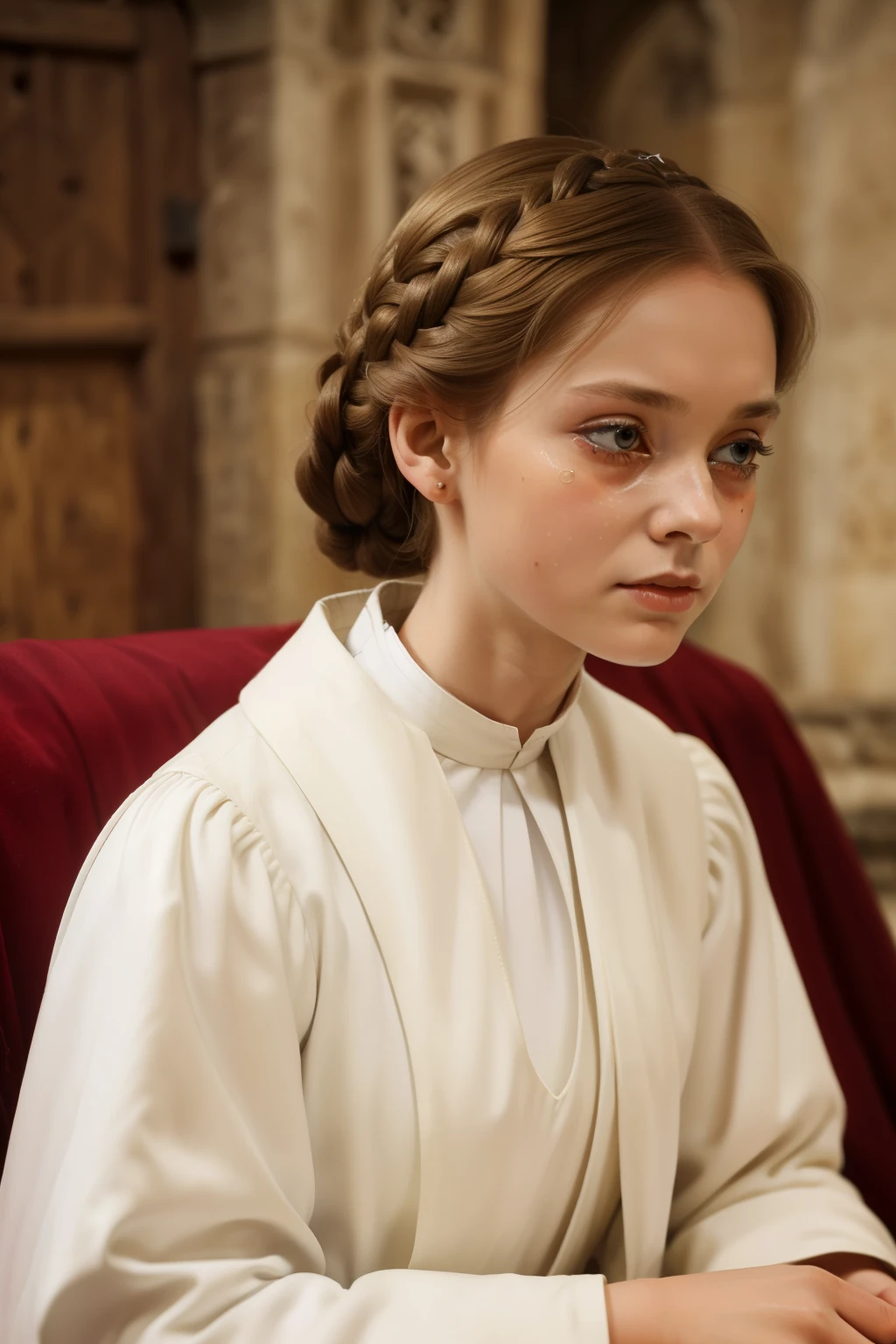 England, 1348. ((((31-year-old)) Caris Wooler)), attractive, expressive eyes, ((horror and shock expression, crying big tears)). ((((clothings from the 1340s, white uniform)))), ((light chestnut hairstyle of the 1340s))