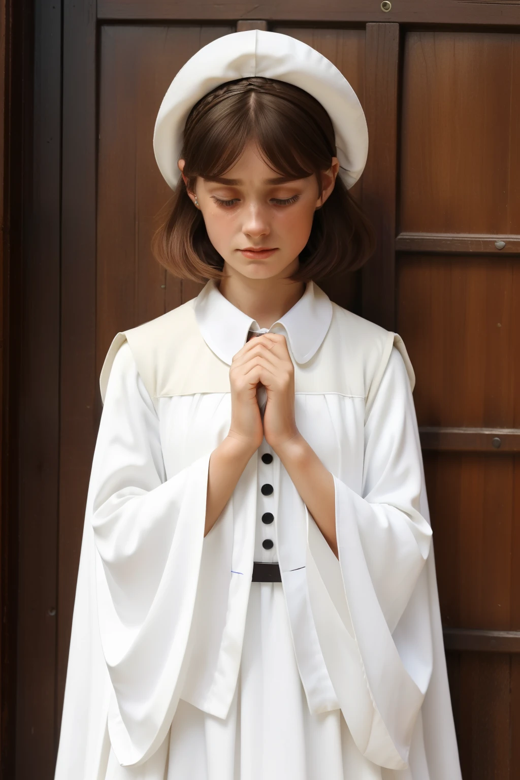 England, 1348. ((((31-year-old)) Caris Wooler)), attractive, expressive eyes, ((horror and shock expression, crying big tears)). ((((clothings from the 1340s, white uniform)))), ((light chestnut hairstyle of the 1340s))