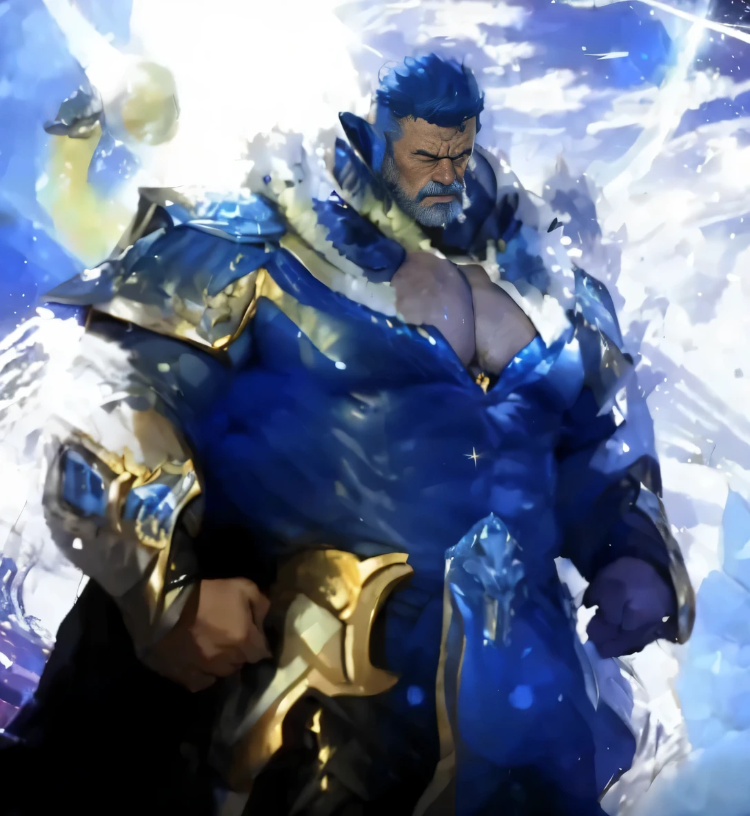 A big one, muscular old man，Sixty-five years old，Gorgeous sapphire blue silk robe，gold trim，He showed off his huge muscular chest，He showed off his great pecs，Energetic，Behind him are the brilliant starry sky and the cold polar regions，He showed off his strong chest muscles，Looking to the future，