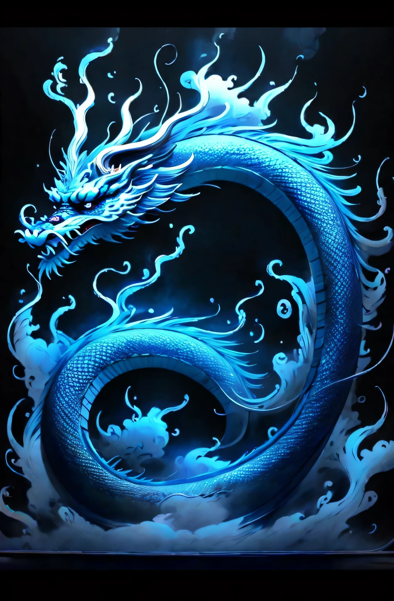 (best quality,8K,super detailed:1.2),landscape,Chinese style,ease:ink and wash painting,Tone:silver,Desaturate,hazy,8K,high quality,Overclocked rendering, A huge blue dragon,Glowing special effects,lifelike,black and white ink wash style,ink,twisted makeup.