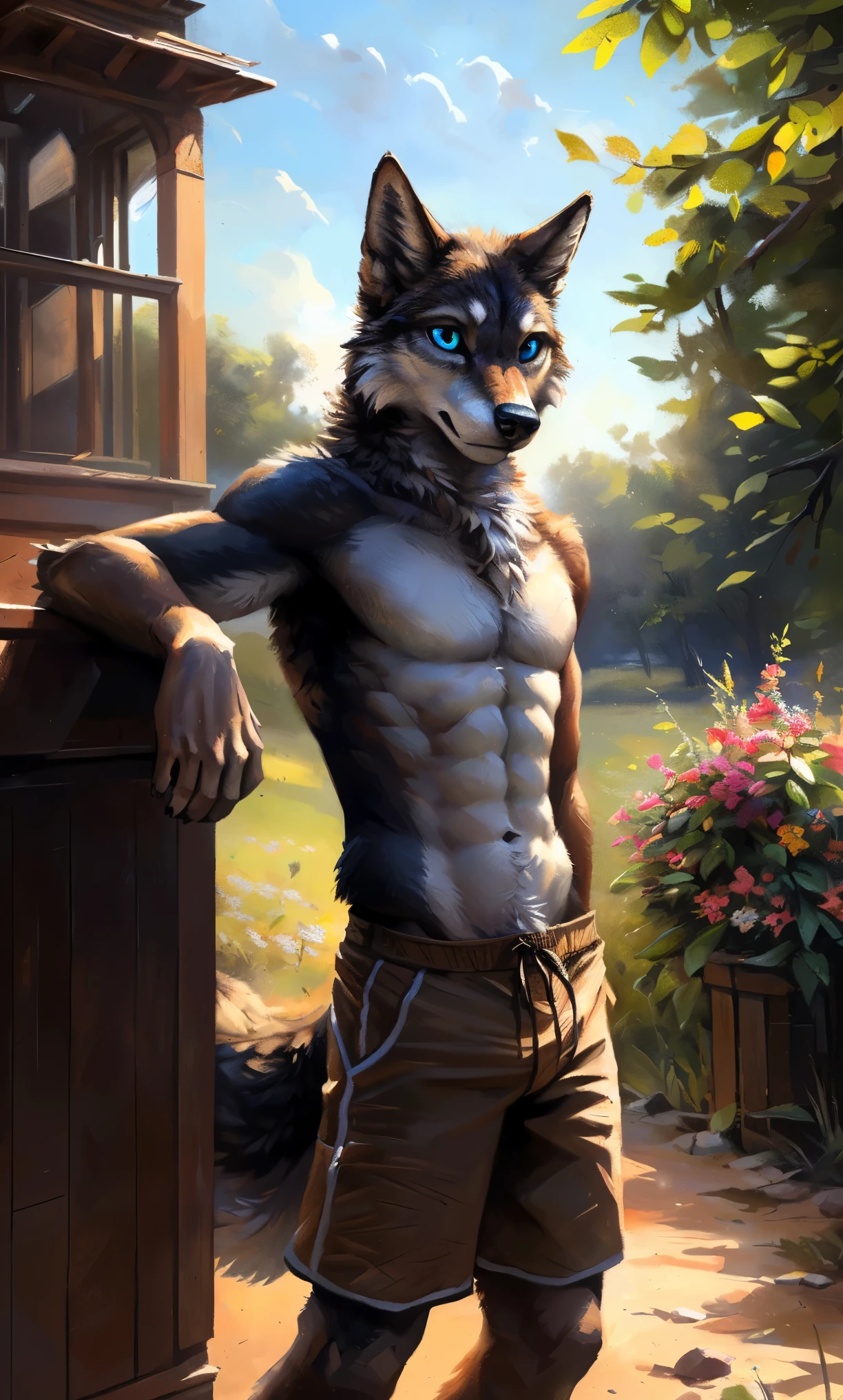 ((Solo)), male people, anthro wolf, (Multi-colored fur, White-brown:1.3,White tail pointed), (Height 2.1m,Tail length 1.2m), ((Wolf face, Big eyes, White eyelids, Blue pupil, Slim:1.2) (Tough, Calm expression:1.2)), Abs, Slim, pinging)), (Correct anatomy), (Work shorts:1.1), The upper body naked, (detailed outfits),A long big tail,Feet,(Realistic fur, Detailed fur texture, labeled:1.3)), (Natural lighting), Photorealistic, Hyperrealistic, ultradetailed, by Kenket,in a flowering shrubs,erect through,Running on