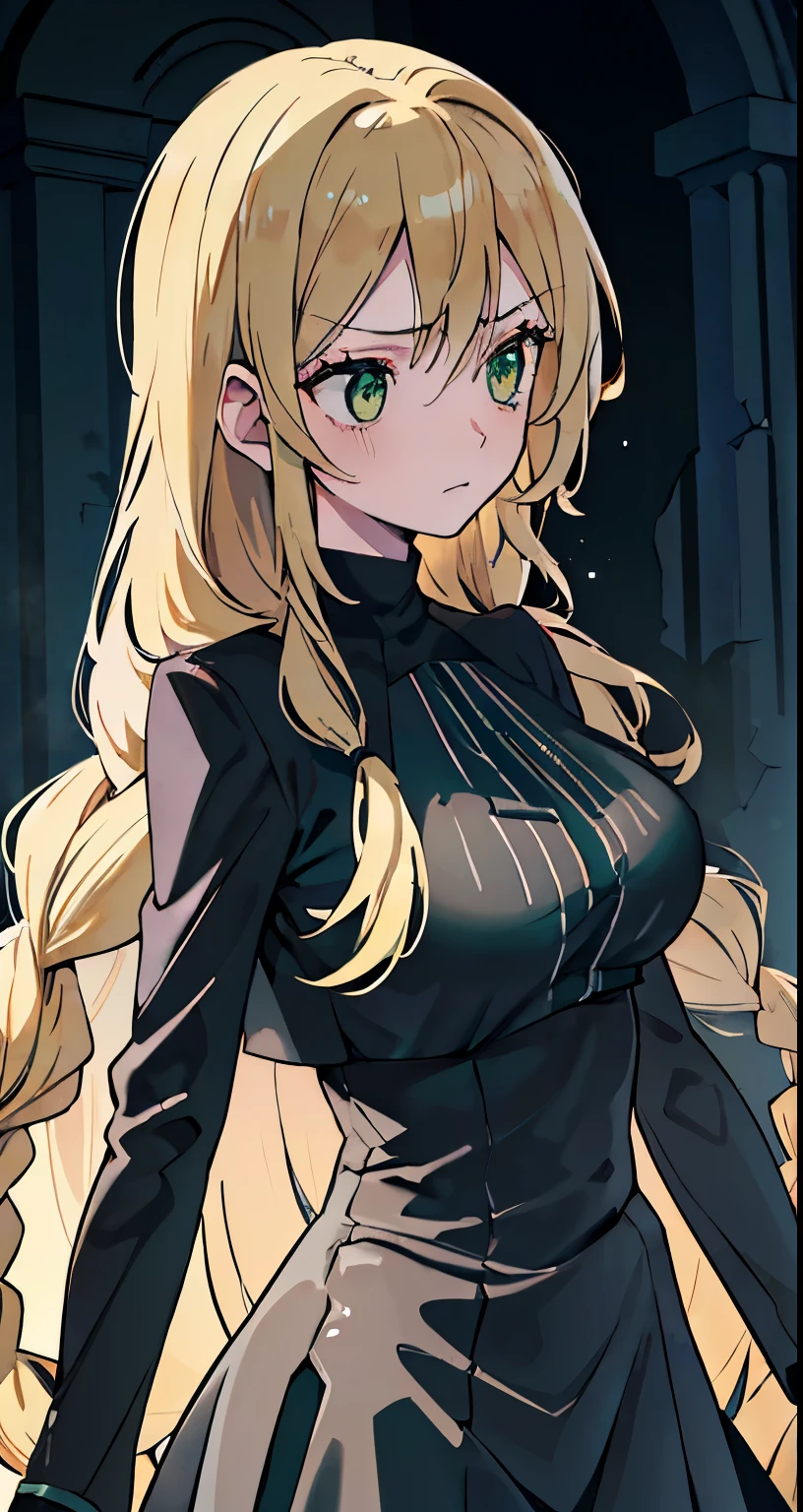 ((Beautiful Beautiful Girl)),(green eyes), 1  and slender woman, degree々big breasts, ((light glay hair)),((Medium long braided Hair)),In 8K, top quality, (highly detailed head: 1.0), (very detailed face: 1.0), (highly detailed hair: 1.0),((sheer black outfit)),Detailed official artwork, clean detailed anime art,((ruins)),((A weak and troubled expression))