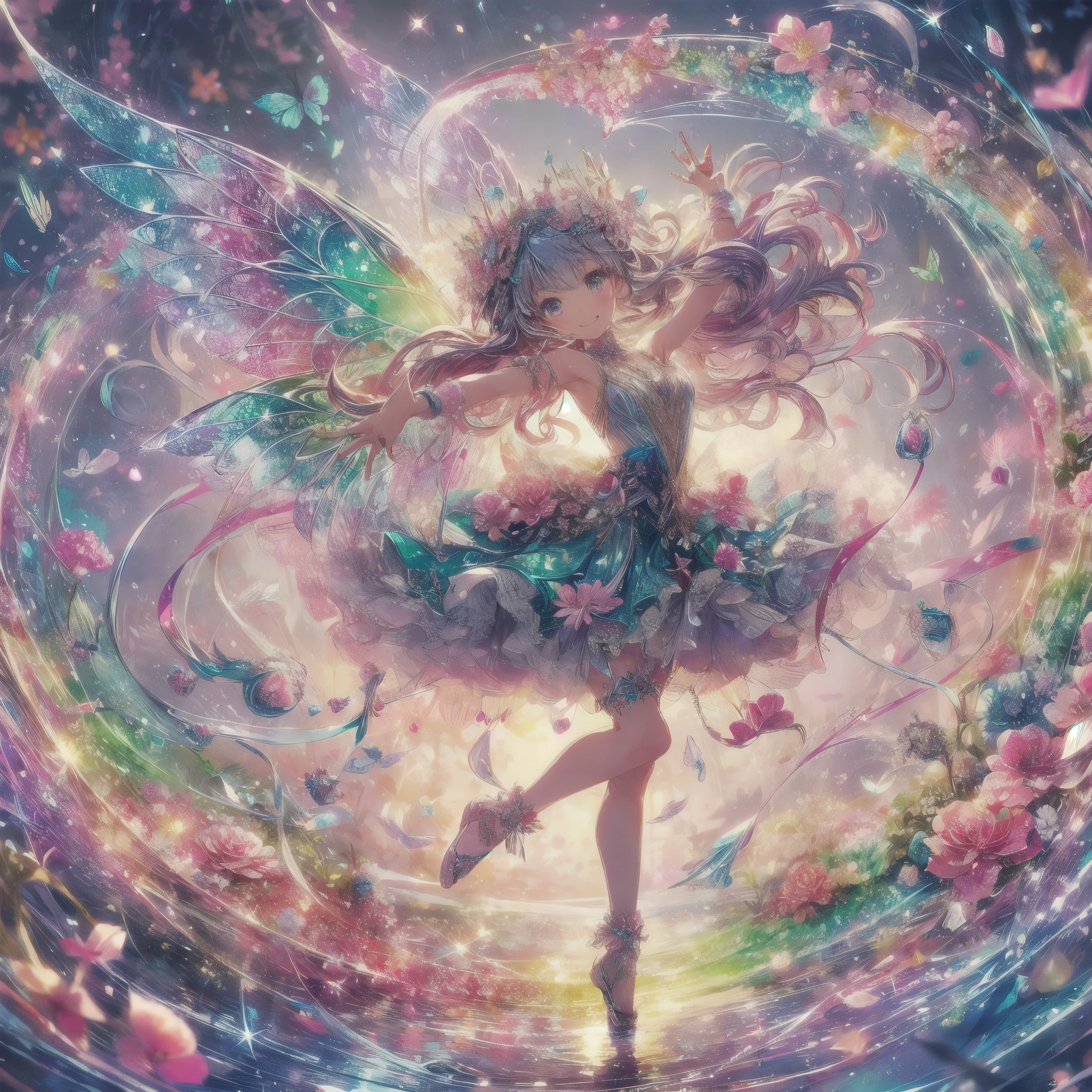 Amidst a swirling dance of magic and light, a radiant anime fairy twirls, her wings aglow with iridescent colors. She is the heart of a fantastical swirl of petals and sparkling hearts, each beat of her wings sending ripples through the air, bending light and color. Her outfit, a delicate array of flowers and ribbons, mirrors the blossoms that float around her. This mesmerizing scene captures the fairy's joyous celebration of love and enchantment, her very essence a spellbinding fusion of nature and fantasy.