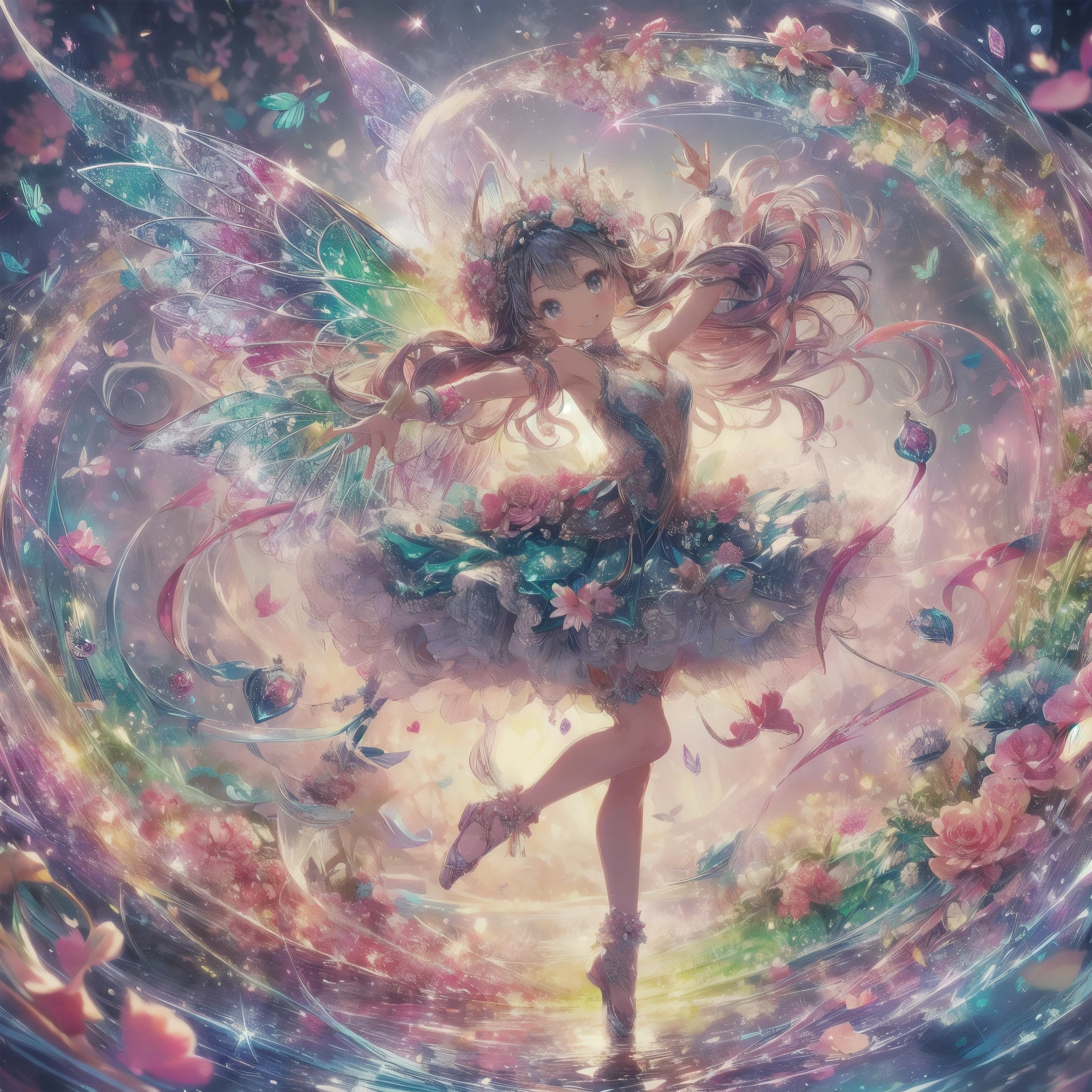 Amidst a swirling dance of magic and light, a radiant anime fairy twirls, her wings aglow with iridescent colors. She is the heart of a fantastical swirl of petals and sparkling hearts, each beat of her wings sending ripples through the air, bending light and color. Her outfit, a delicate array of flowers and ribbons, mirrors the blossoms that float around her. This mesmerizing scene captures the fairy's joyous celebration of love and enchantment, her very essence a spellbinding fusion of nature and fantasy.
