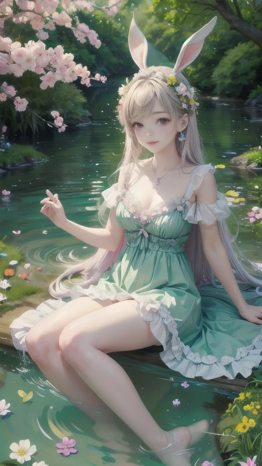 A captivating masterpiece of an Easter Bunny Girl, her pastel-hued rabbit ears framed against a backdrop of lush spring greenery. With an ethereal grace, she playfully dips her toes in the babbling creek, sending ripples across the shimmering surface. Surrounding her are vibrant, blooming flowers of every hue, their petals soft and inviting. Whimsically decorated colored eggs litter the scene, adding a delightful touch of Easter cheer. The enchanting atmosphere echoes the joy and wonder of a spring day, making this a truly mesmerizing and timeless work of art.