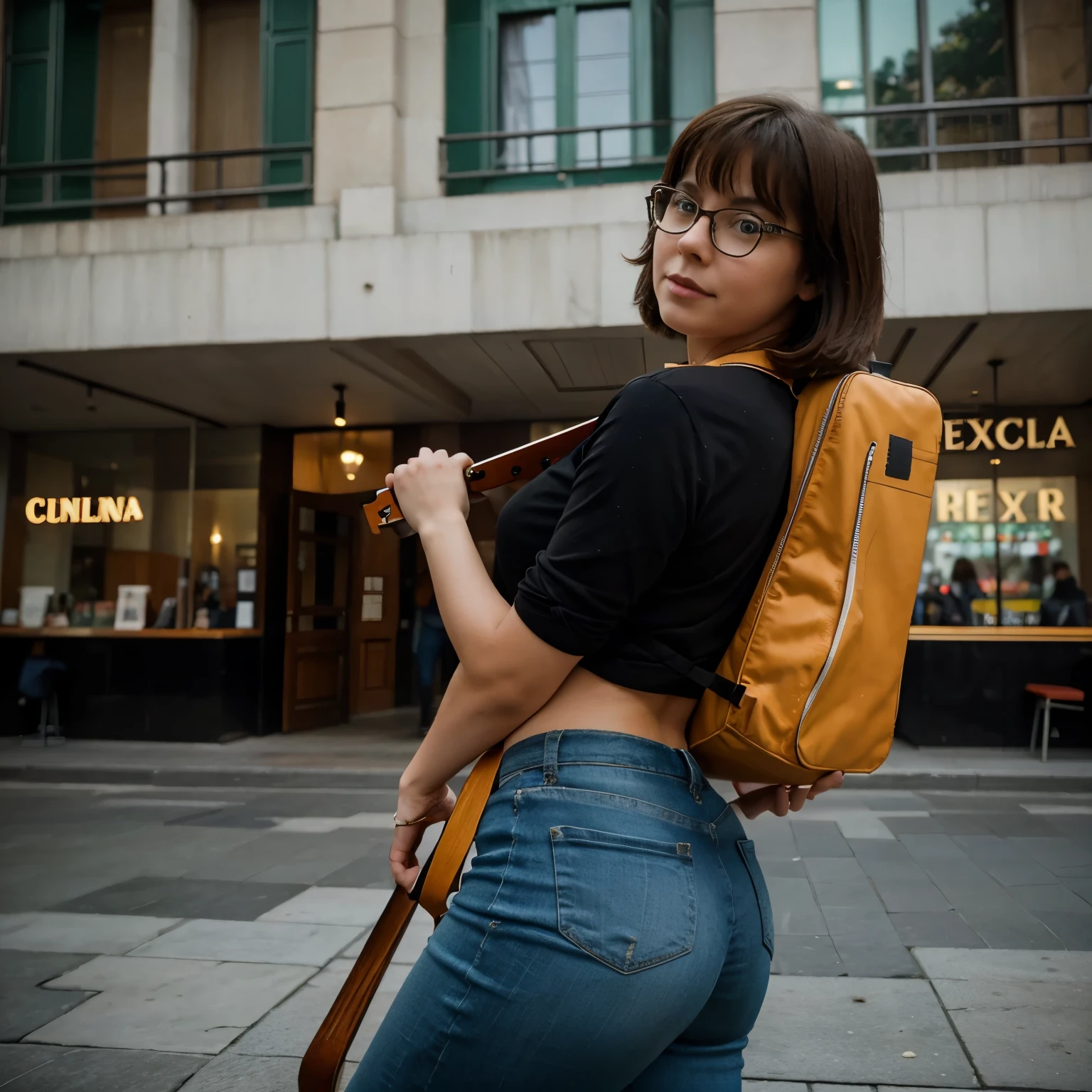 Velma from Scooby Doo carrying a guitar on her back in Bella Artes Mexico City