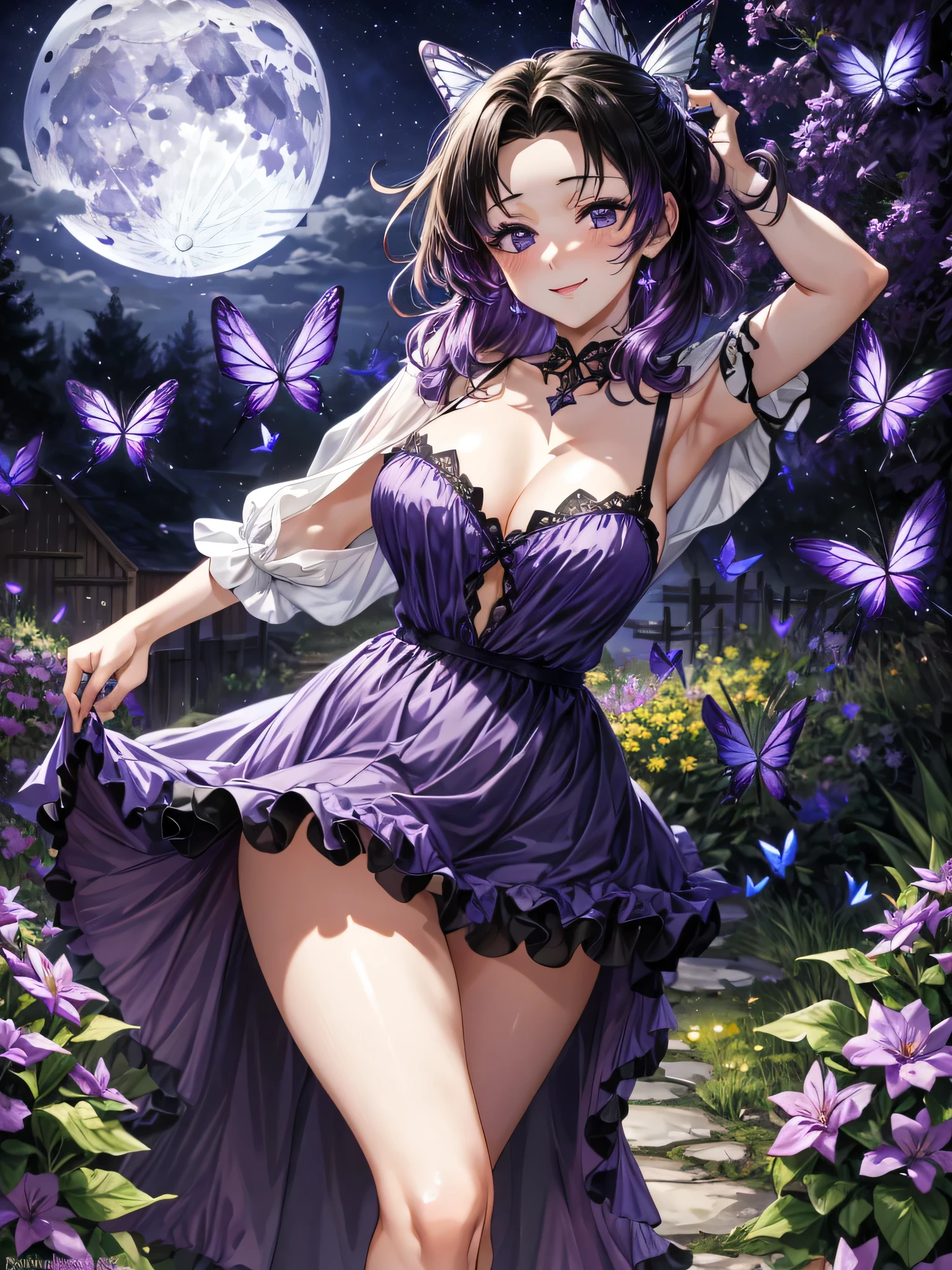 HDR , masterpiece , high quality , ultra details , standing , y pose , v cut short purple dress  , (thigh) , purple eyes , cute face , short purple hair , detailed person quality , , smile and blush, (garden filled with purple butlies) , ((night with moon)), purple flowers, soft light