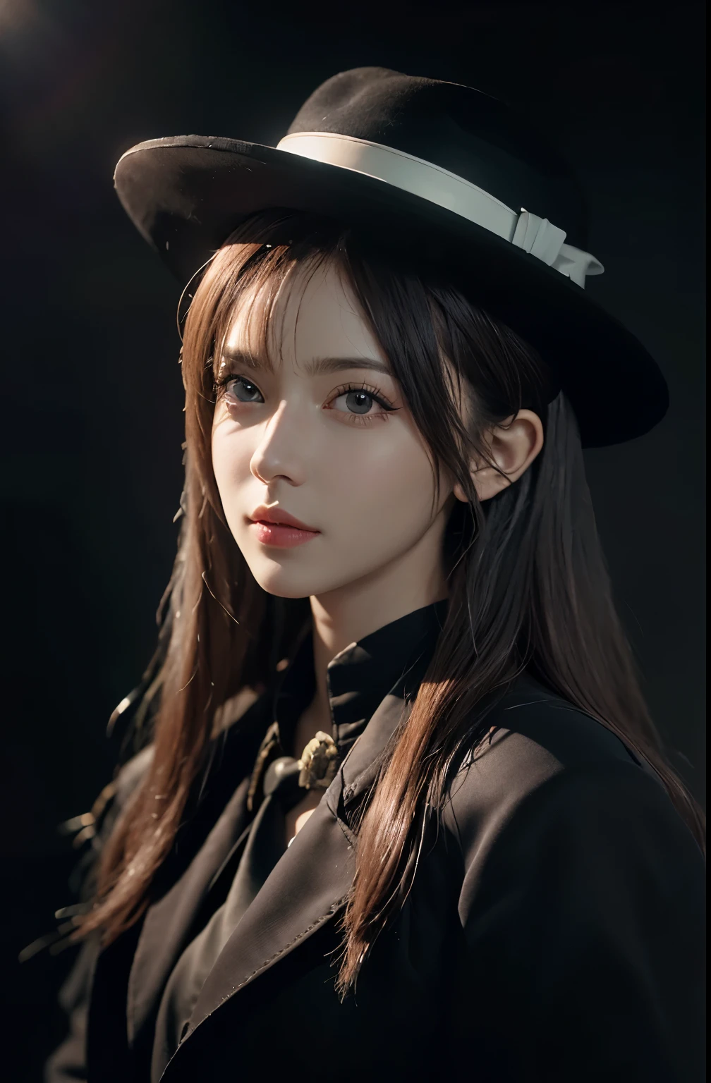 (surreal woman portrait:1.3),dark，Realistic image quality with high level of detail，fantasy art style，Dynamic lighting creates an atmosphere，stunning poster，Award-winning work，Bottom view of the head in a black hat，sculpted facial details,4K resolution,1 female character,deep shadow,low gray tone，official uniform,long white hair。