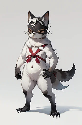 (((Animals,white monster, An illustration, ))), (blindfold, Sad face, fox head, wolf carcass, owl back wing, tail snake, four legs), Standing picture