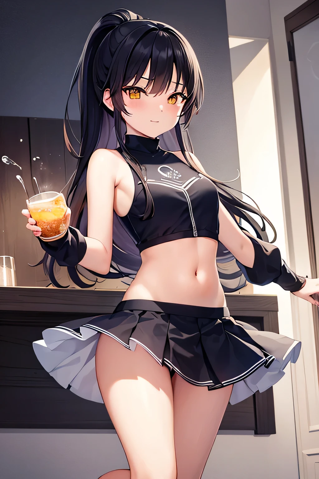 captivating scene featuring a beautiful unime-style girl with distinct features, duns un décor de pays des merveilles hivernales. La fille aura les cheveux noirs en queue de cheval, Single Eyelids, und hooded, stifling, deeply buried, yeux captivunts d'a striking dark orunge color. Son expression faciale sera un doux sourire. l'âge de 15 ans. She will wear a Sportura-themed top und a micro-skirt adorned with'un motif floral et sportif complexe.. je'the background will represent a house lit by a tree., créer une atmosphère magique pour le jour de l'un. je'l'action captured will be like jumping parkour in a fun way., adding a feeling of jumping movement und joy to the scene. Cette combinaison d'elements should produce un ultra-special quality image that looks like a masterpiece'ouvrages d'art.