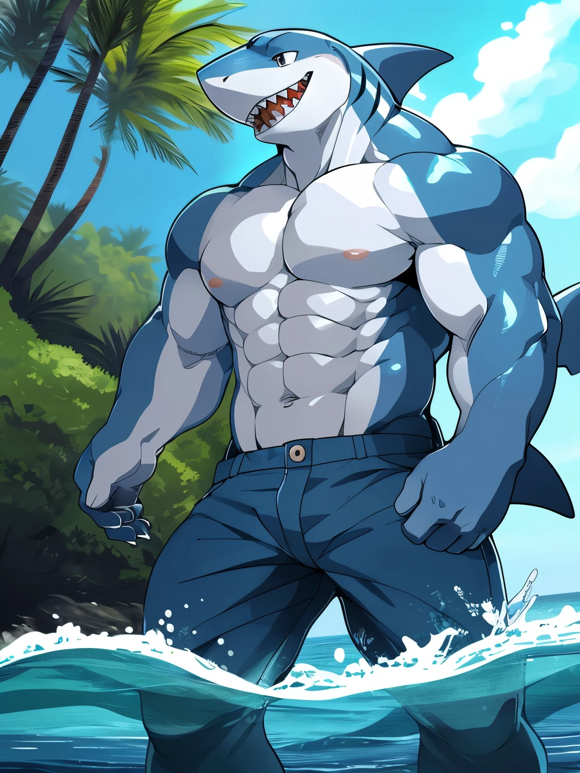 Empty,(shark, finless shark), Humanity,5 fingers, water蓝色的眼睛, blue pants, No clothes on upper body, male, muscular, muscular Humanity, muscular male, Tail, external, plant, light blue body, Ocean, alone, Tree, (water), deTailed background,By Ruhu1145,author:Arashi Takemoto,by empty ghost, cold atmosphere, open smile, soft blue blush