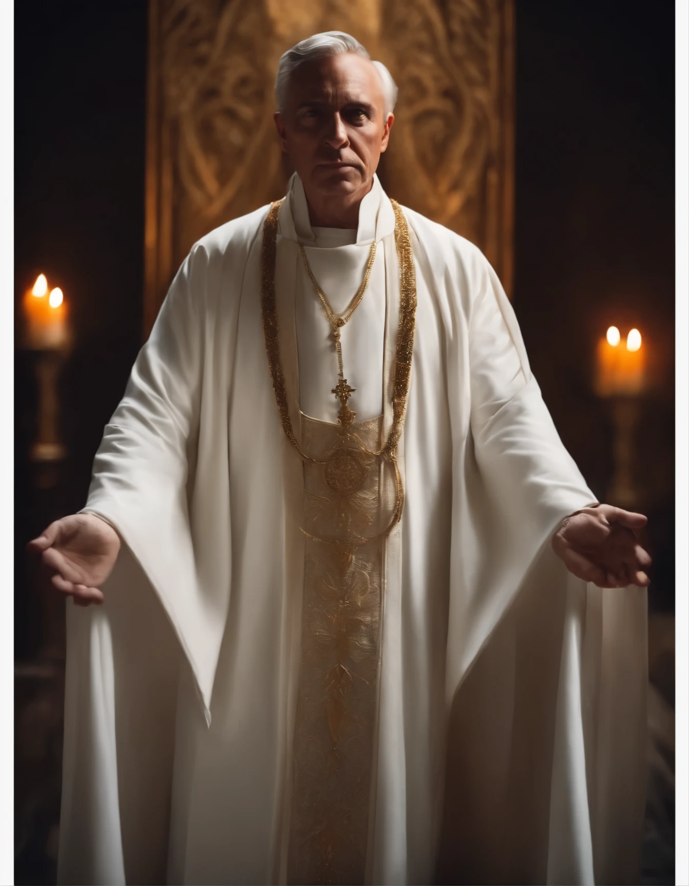 Super detailed, ((lifelike)), Professional lighting, movie lighting, fashion photography,masterpiece, best quality,movie lighting,Extremely detailed,fantasy oil painting, white robe priest, mysterious, dramatic shadow, dark color, colorful, high contrast, dramatic facial shading, pious and humble,