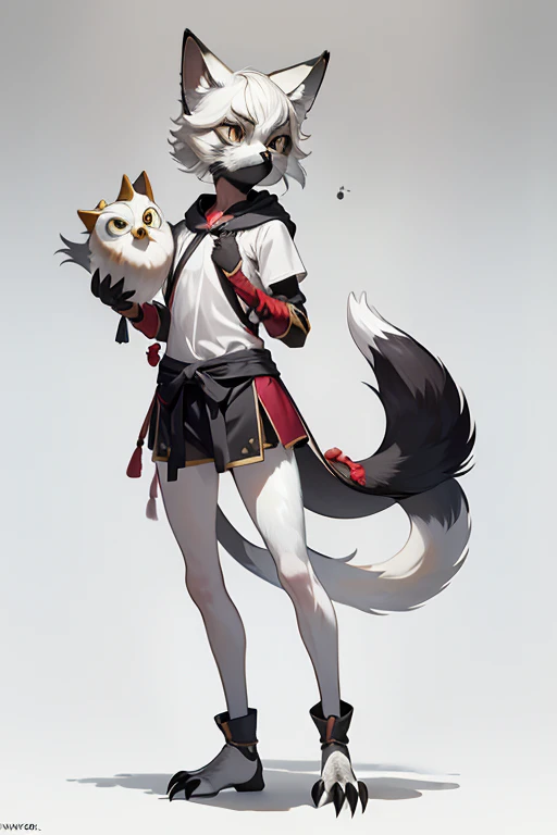 (((Animals,white monster, An illustration, ))), (fox mask, Sad face, fox head, wolf carcass, owl back wing, tail snake, four legs), Standing picture