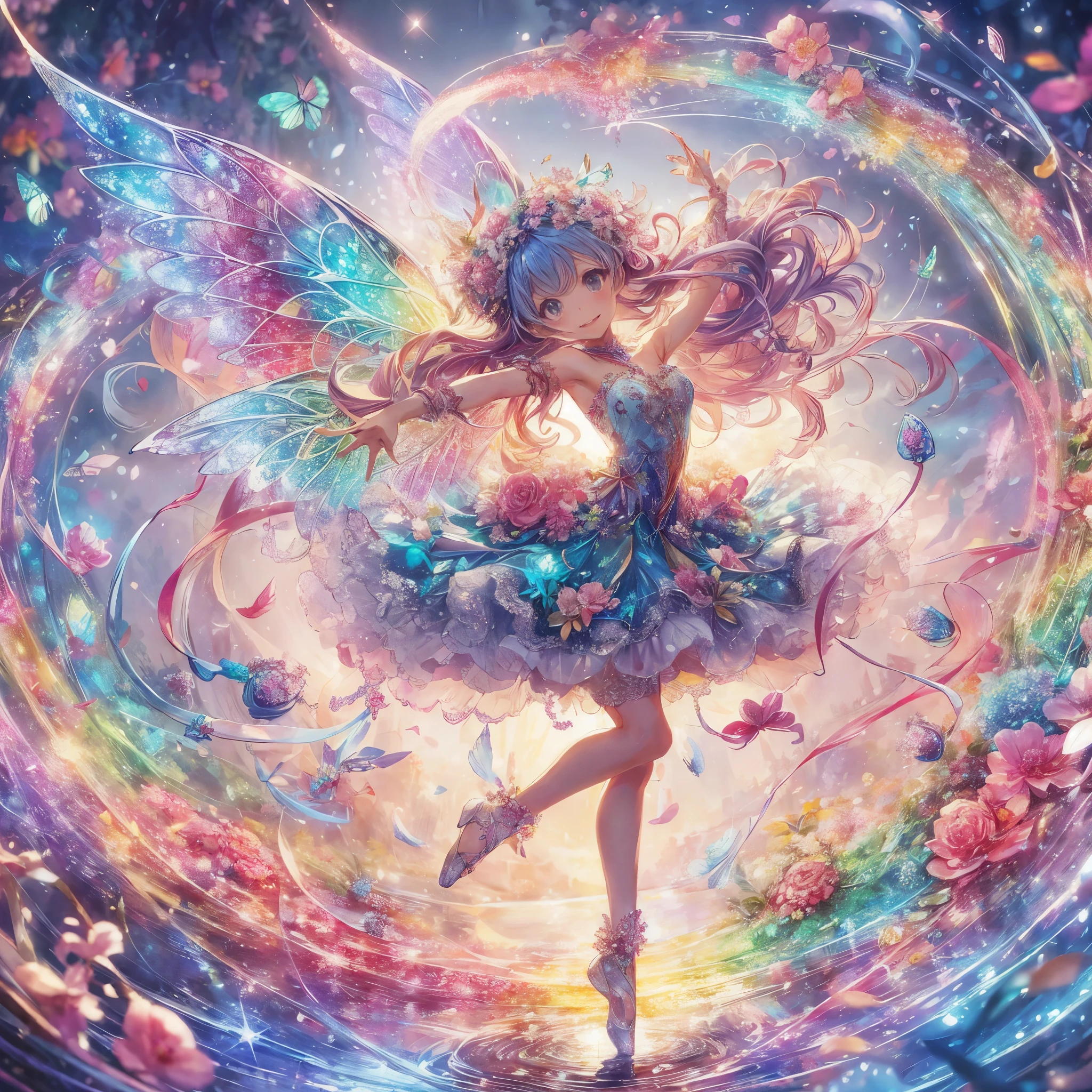 Amidst a swirling dance of magic and light, a radiant anime fairy twirls, her wings aglow with iridescent colors. She is the heart of a fantastical swirl of petals and sparkling hearts, each beat of her wings sending ripples through the air, bending light and color. Her outfit, a delicate array of flowers and ribbons, mirrors the blossoms that float around her. This mesmerizing scene captures the fairy's joyous celebration of love and enchantment, her very essence a spellbinding fusion of nature and fantasy.