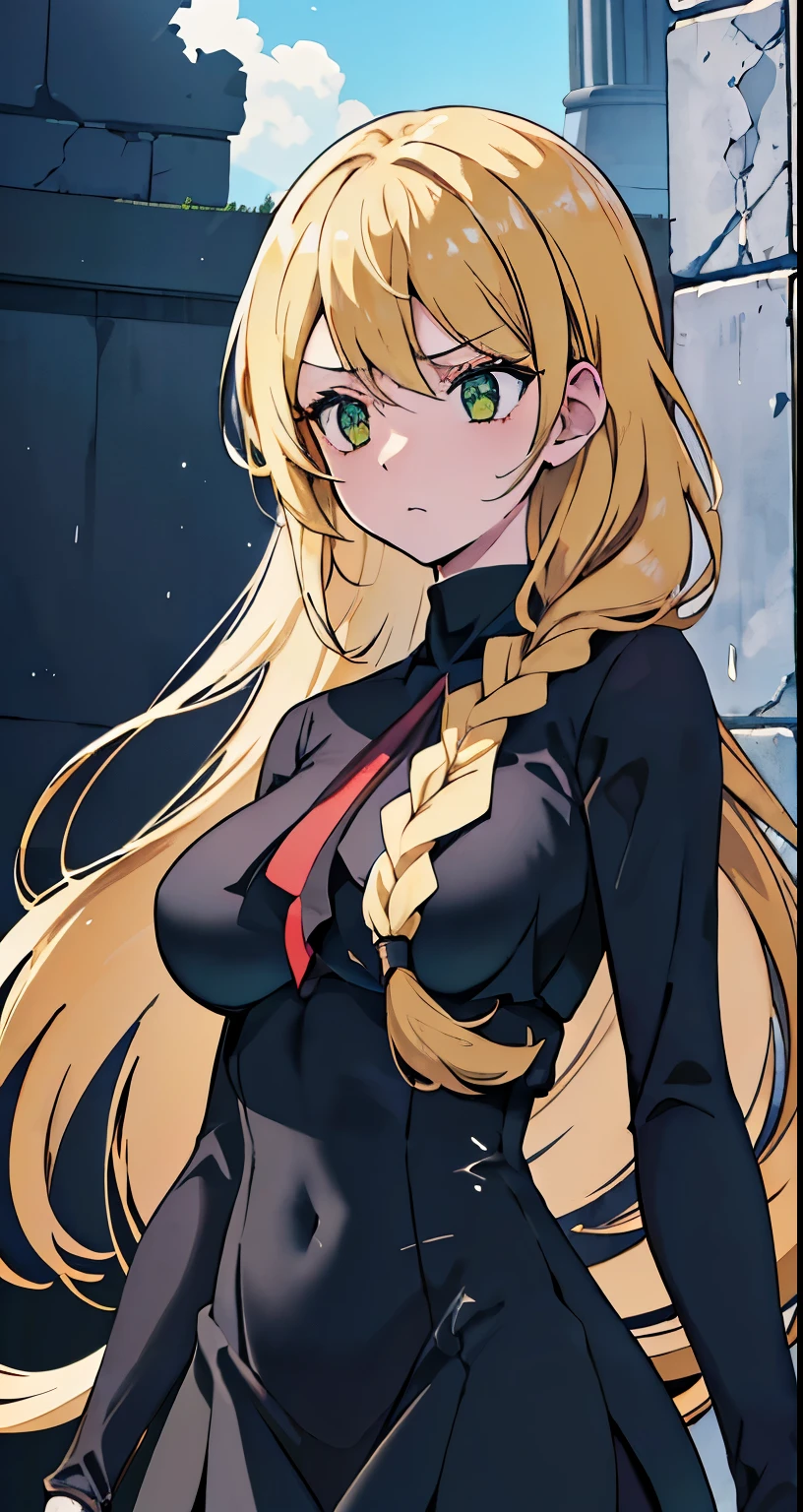 ((Beautiful Beautiful Girl)),(green eyes), 1  and slender woman, degree々big breasts, ((light glay hair)),((Medium long braided Hair)),In 8K, top quality, (highly detailed head: 1.0), (very detailed face: 1.0), (highly detailed hair: 1.0),((sheer black outfit)),Detailed official artwork, clean detailed anime art,((ruins)),((A weak and troubled expression))