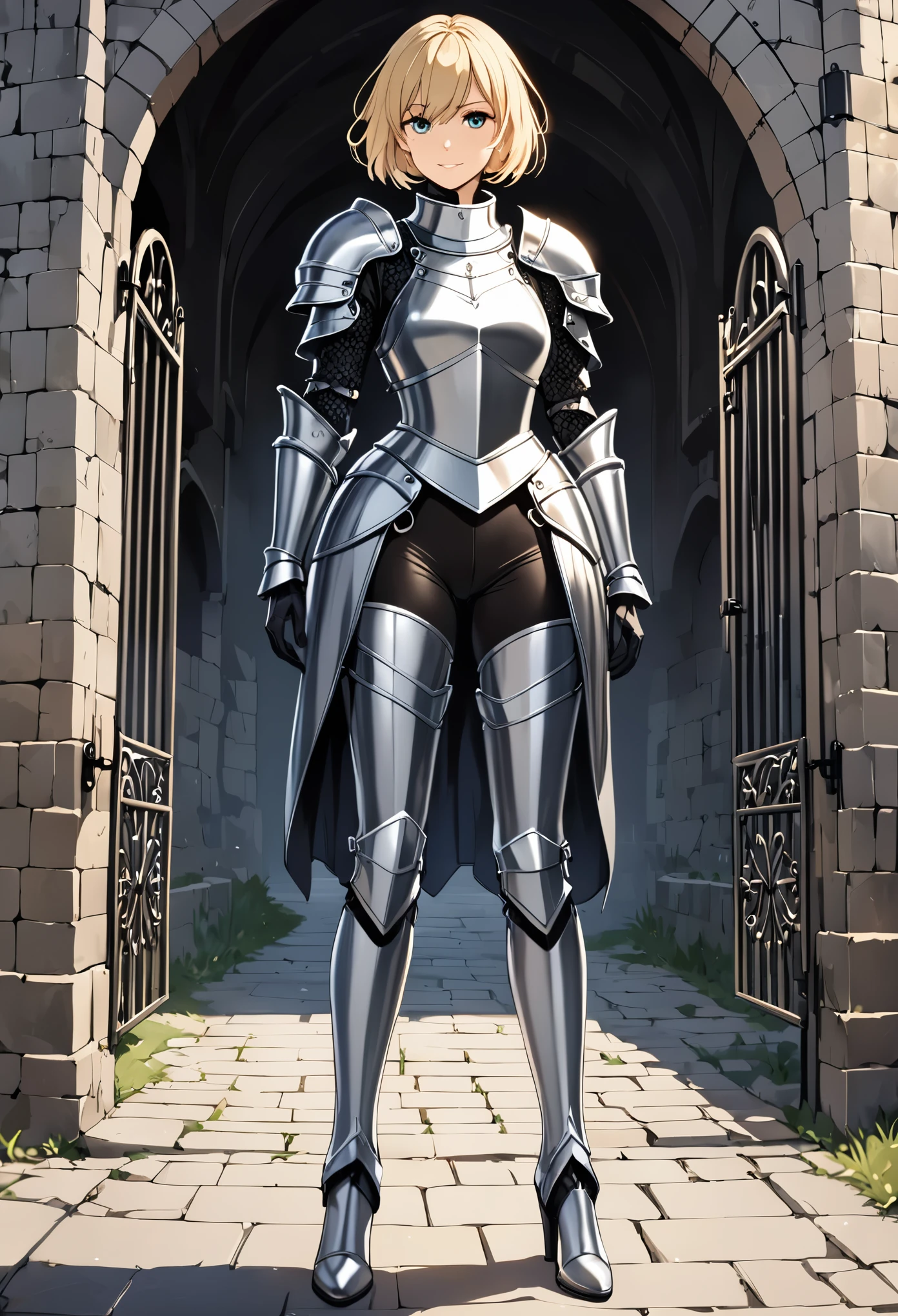 high quality, Detailed eyes, girl knight, arrogant smile, blond short hair, in a women's metal cuirass, in tight pants, wearing long gloves with metal plates, in thigh-high boots without heels, stands near the gates of the fortress
