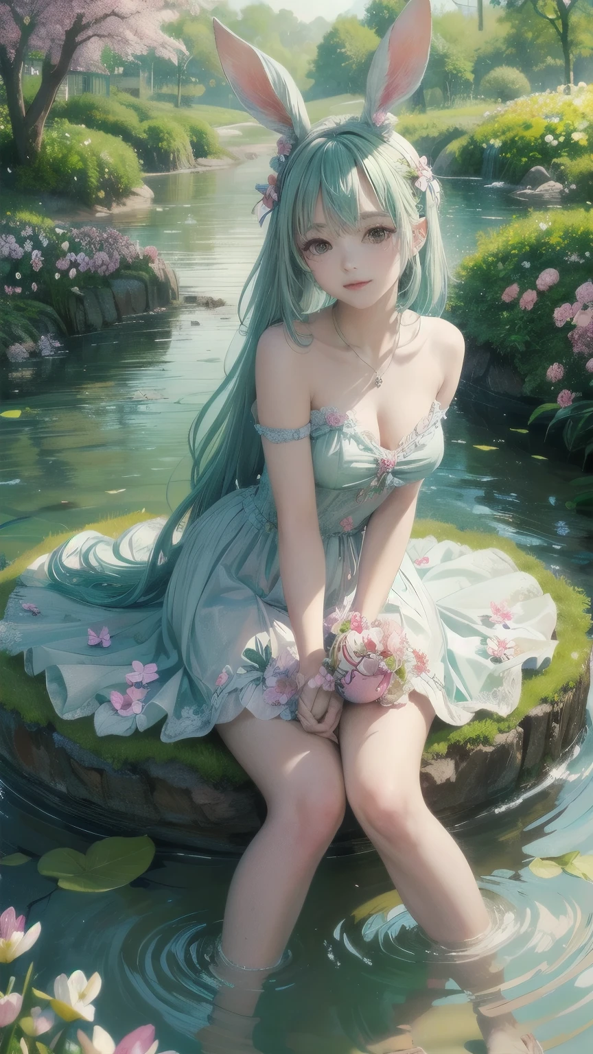 A captivating masterpiece of an Easter Bunny Girl, her pastel-hued rabbit ears framed against a backdrop of lush spring greenery. With an ethereal grace, she playfully dips her toes in the babbling creek, sending ripples across the shimmering surface. Surrounding her are vibrant, blooming flowers of every hue, their petals soft and inviting. Whimsically decorated colored eggs litter the scene, adding a delightful touch of Easter cheer. The enchanting atmosphere echoes the joy and wonder of a spring day, making this a truly mesmerizing and timeless work of art.