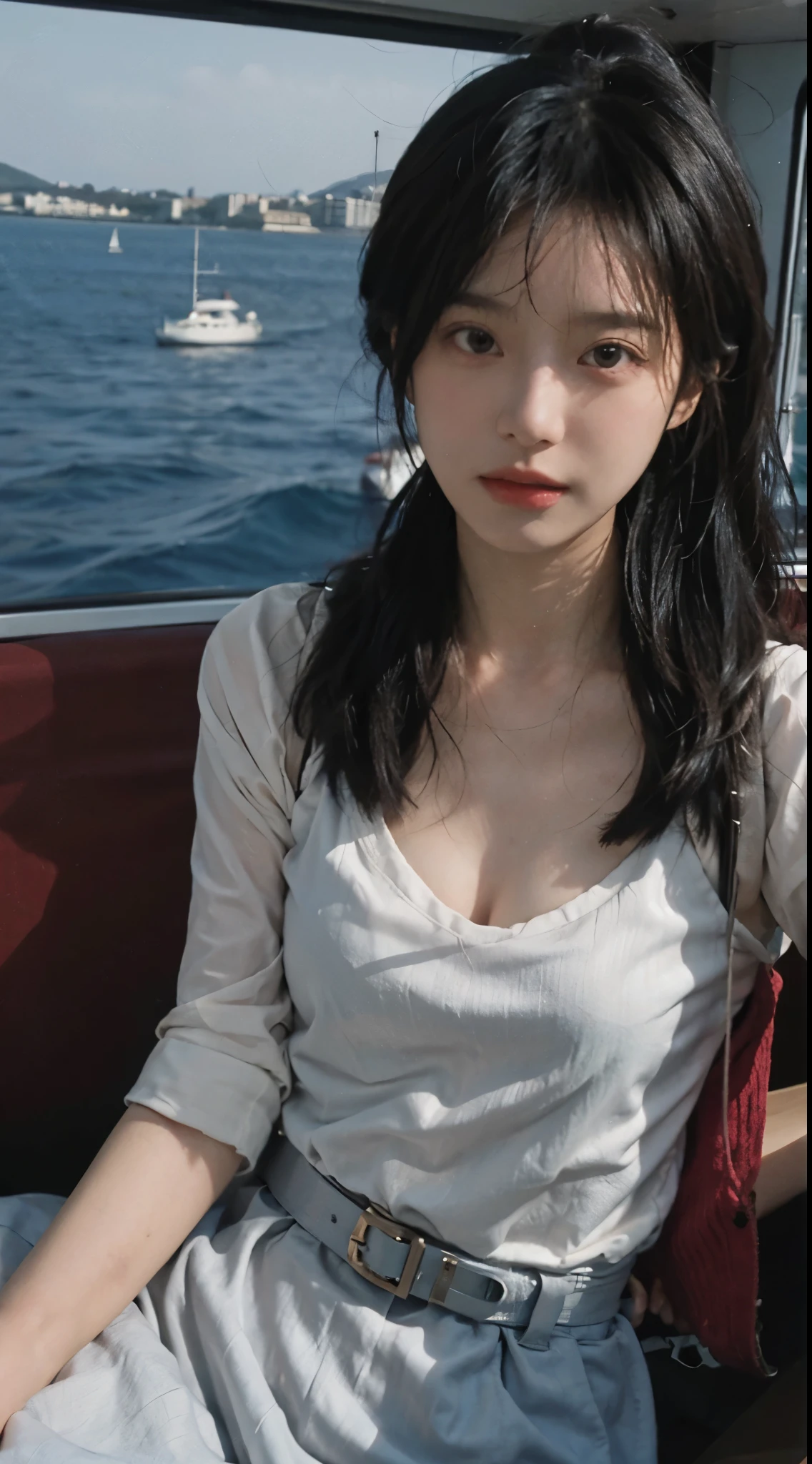 best quality，masterpiece，ultra high resolution，（realistically：1.4），1 girl，high ponytail，a pair of bright eyes，Raised sexy，Looking directly at the viewer，on the yacht，full of atmosphere，The cleavage is very attractive，，（red：1.8），（Small transparent suspender belt：1.4），（Big boobs：3.9），（upper part of body：1.4），