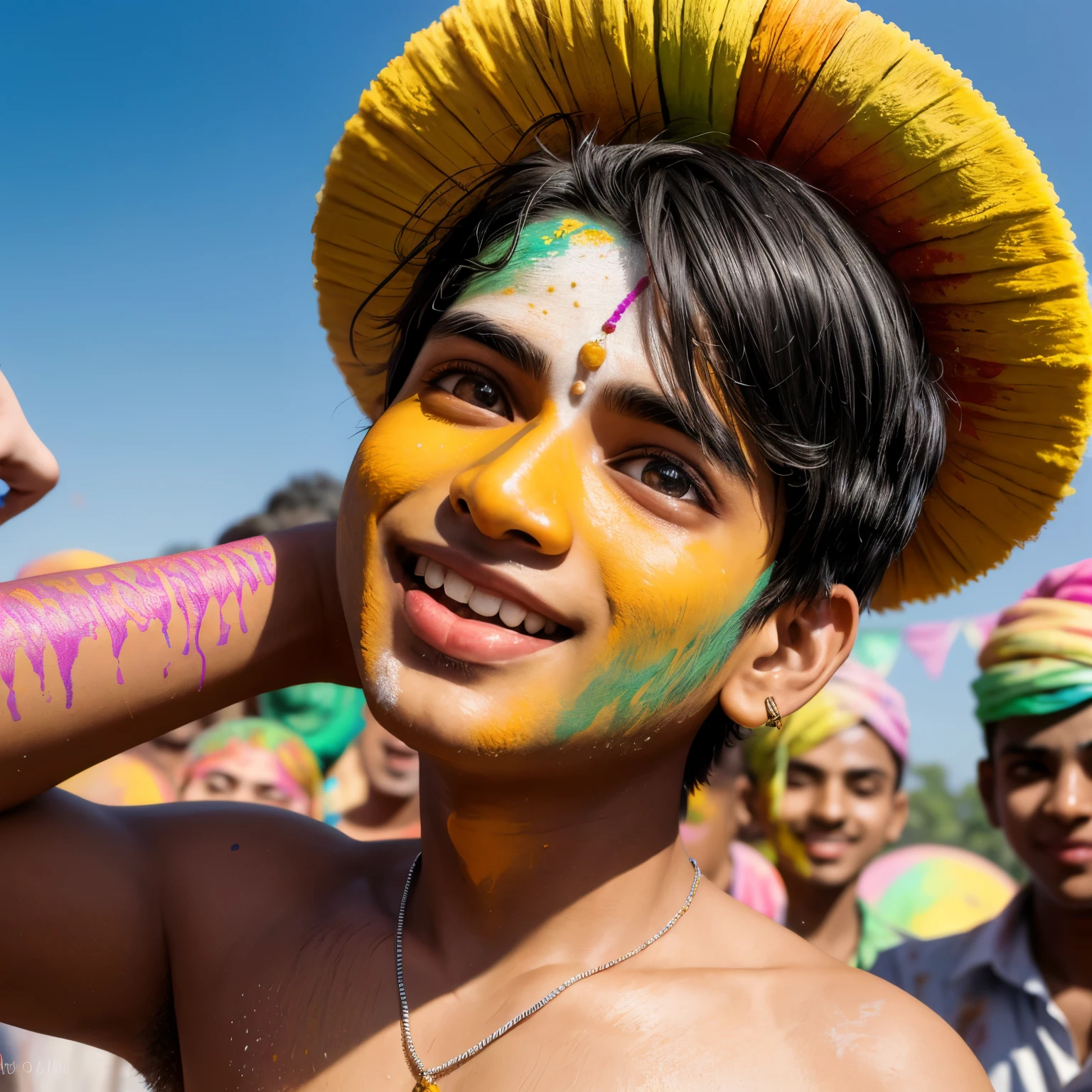 Indian Holi special a cute boy playing Holi festival a perfect high detailed higher resolution ultra HD hyper realistic wallpaper type photo with perfect cute face age 14 years, with red belly band