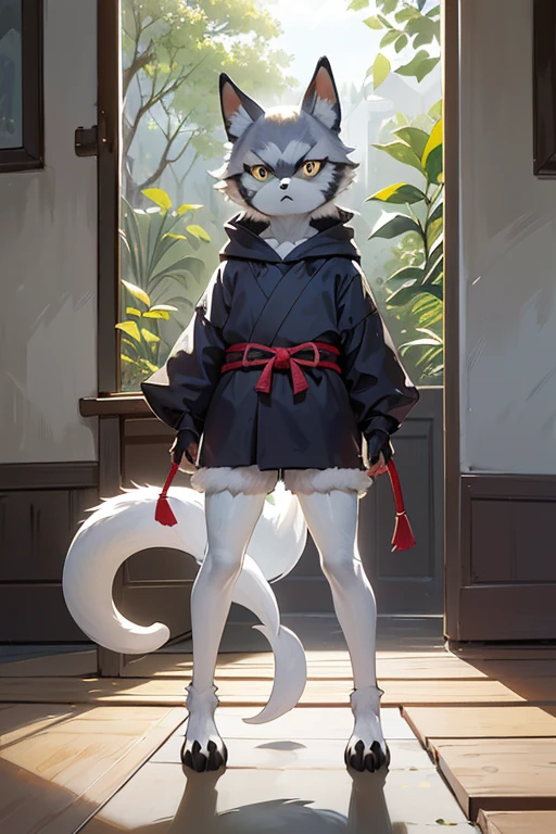 (((Animals,white monster, An illustration, ))), (fox mask, Sad face, fox head, wolf carcass, owl back wing, tail snake, four legs), Standing picture