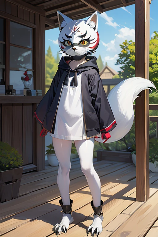 (((Animals,white monster, An illustration, ))), (fox mask, Sad face, fox head, wolf carcass, owl back wing, tail snake, four legs), Standing picture
