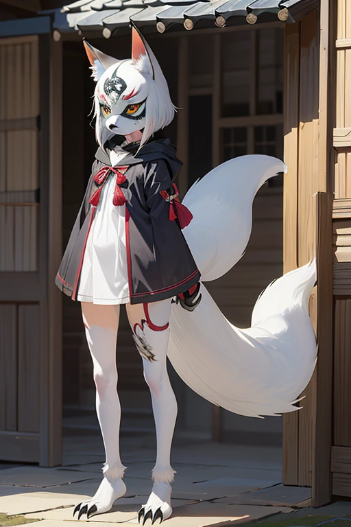 (((Animals,white monster, An illustration, ))), (fox mask, Sad face, fox head, wolf carcass, owl back wing, tail snake, four legs), Standing picture