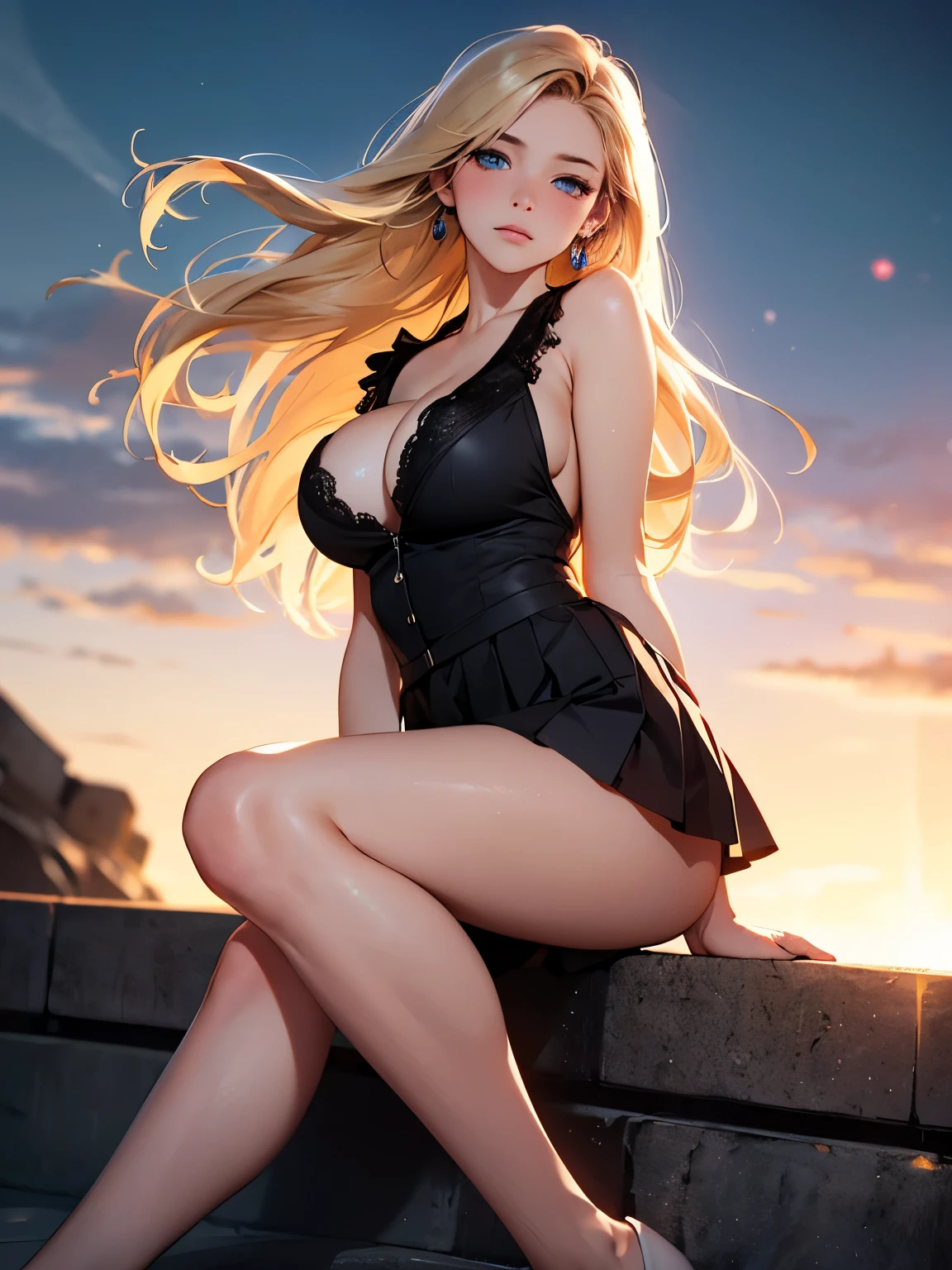 a young girl, Large neckline vest one-piece pleated short skirt, black lace underwear, Big breasts that are a bit saggy, seductive cleavage, side boob, looks cute, mature body, Seductive eyes, Seductive moves, perFect Feet, Slender legs, perFect hands, smooth skin, full body image, movie lighting, movie quality, SoFt high contrast side light, Prominent theme, Low light environment, striped hair, very long curly hair, brown hair, light blonde highlights, Long eyelashes, Keep your eyes open, upturned eyes, Keep your eyes open, sky blue eyes, There is a mole under the left eye, earrings, cosmetic, faint smile, Shy, blush, movie lighting, depth oF Field, View, wide angle鏡頭, From side, panoramic, lens Flare, Bokeh, F/2.8, wide angle, diFFraction spikes, ultra high definition, masterpiece, best quality, high resolution, 8K, anatomically correct, high resolution, textured skin, precise