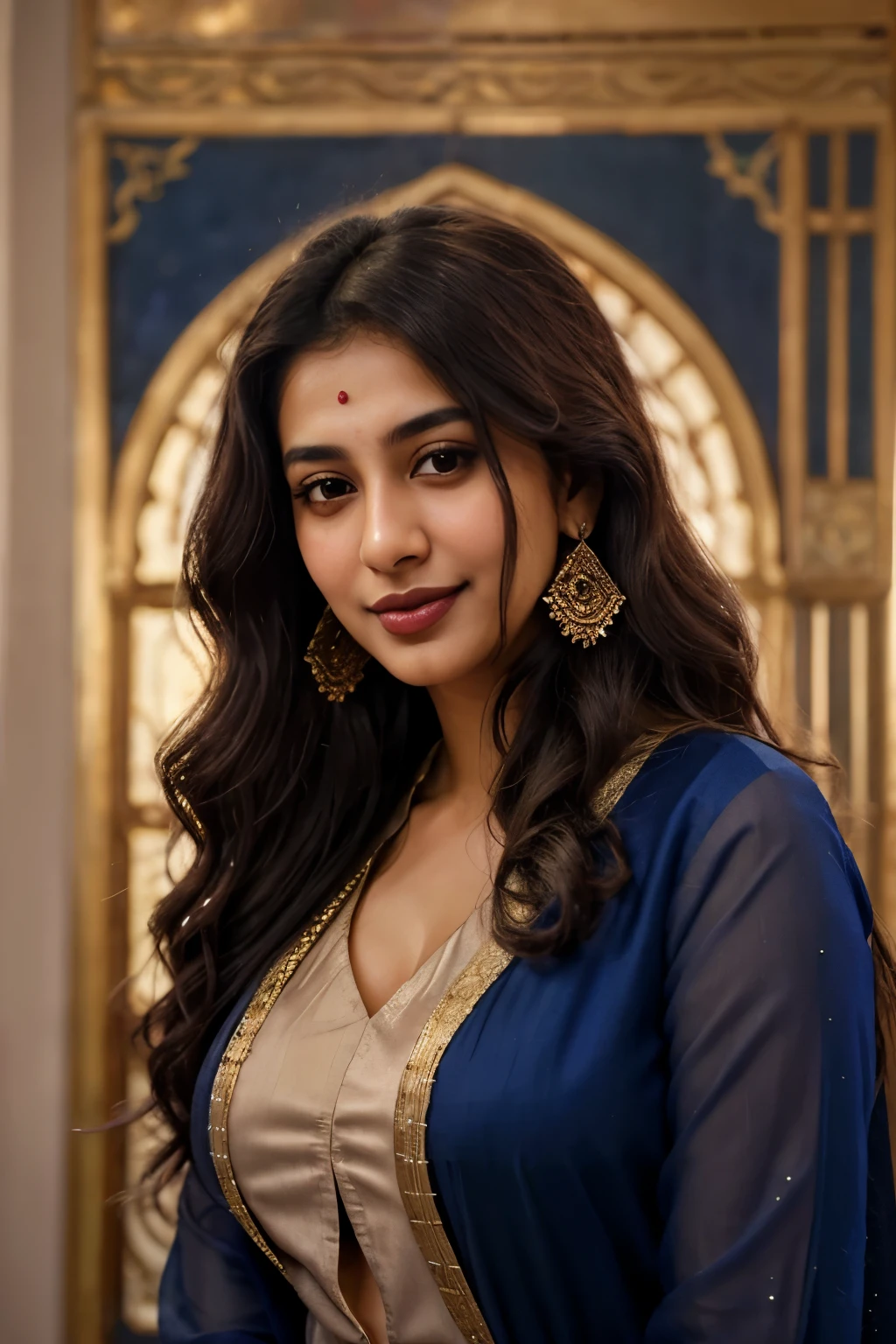 instaport style, realistic image of face closeup of a beautiful young Pakistani woman in her 20s, with voluminous wavy hair, wearing Kameez with Dupatta, dark maroon lipstick, beautiful lapis lazuli earrings, high image quality, old painting, ancient art, sharp, background Detailed, glitter, realistic, clarity. Happy face, smiling. Fullbody, attracted figure