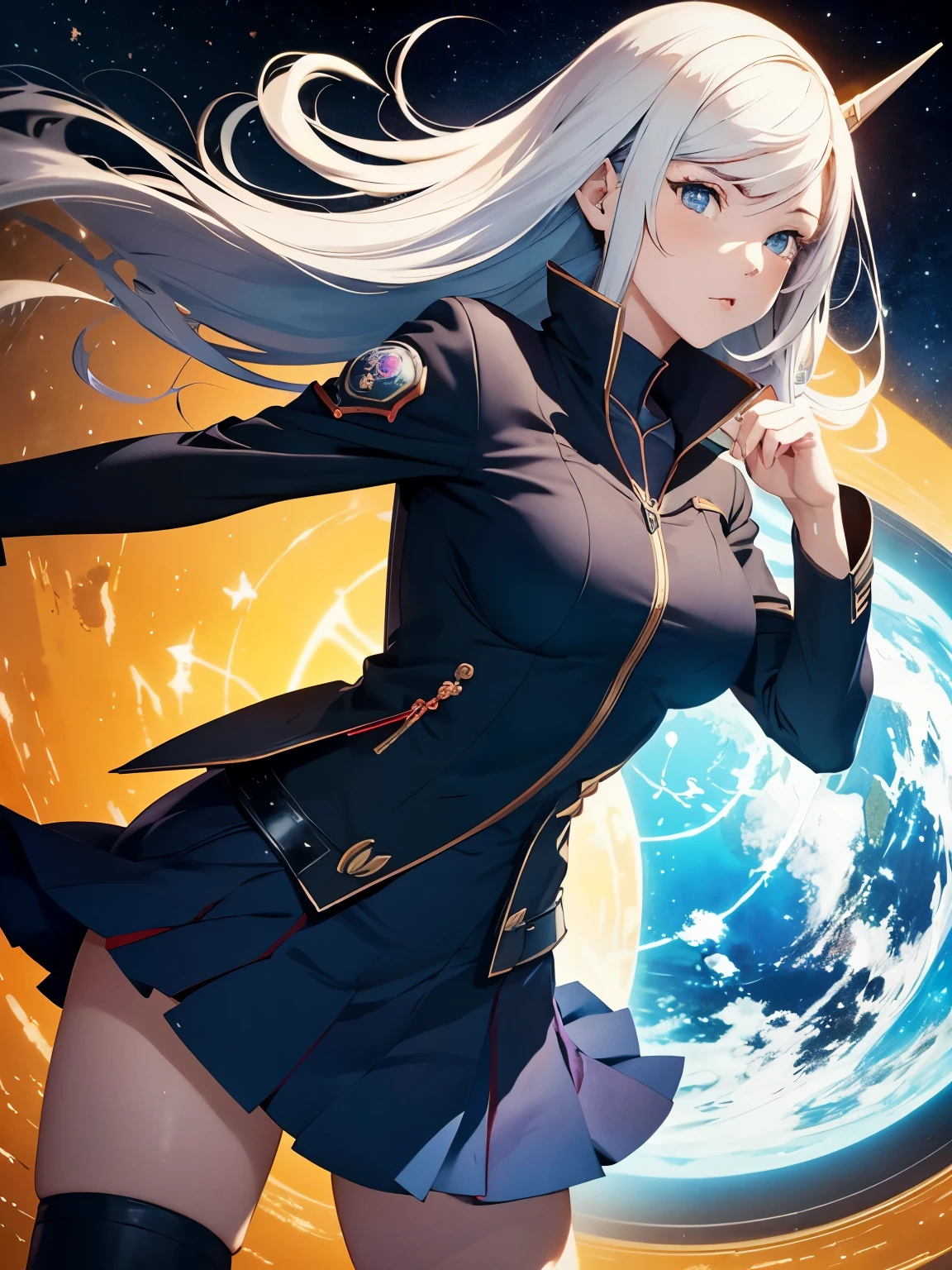 Jack Gaughan, Nanae Haruno, Surreal, mysterious, strange, fantastical, fantasy, Sci-fi, Japanese anime, mechanical engineering of time and space, globe, miniskirt beautiful high school girl, perfect voluminous body, detailed masterpiece Hyper realistic sharp focus hand colour drawing