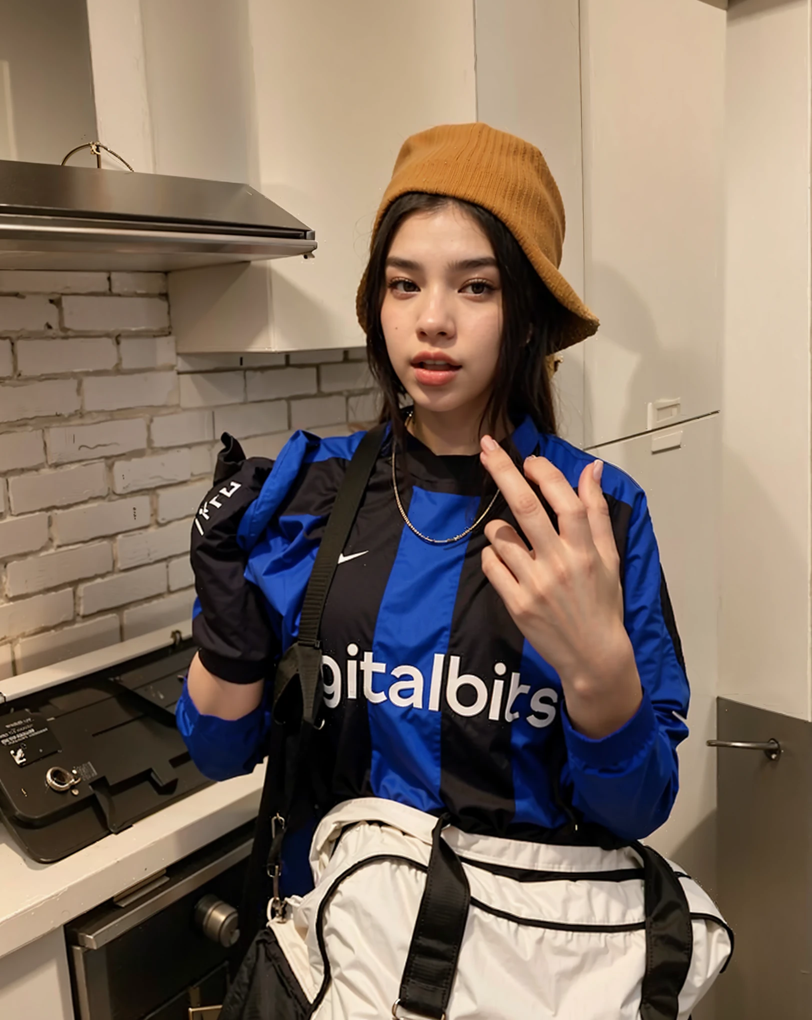 woman in blue and black shirt holding a white bag and making a peace sign, dua lipa, bella poarch, she looks like a mix of grimes, soft devil queen madison beer, looks like a mix of grimes, billie eilish, looks like fabiula nascimento, wearing a tracksuit, resembling a mix of grimes, madison beer, profile pic, jennie from blackpink, lisa from blackpink